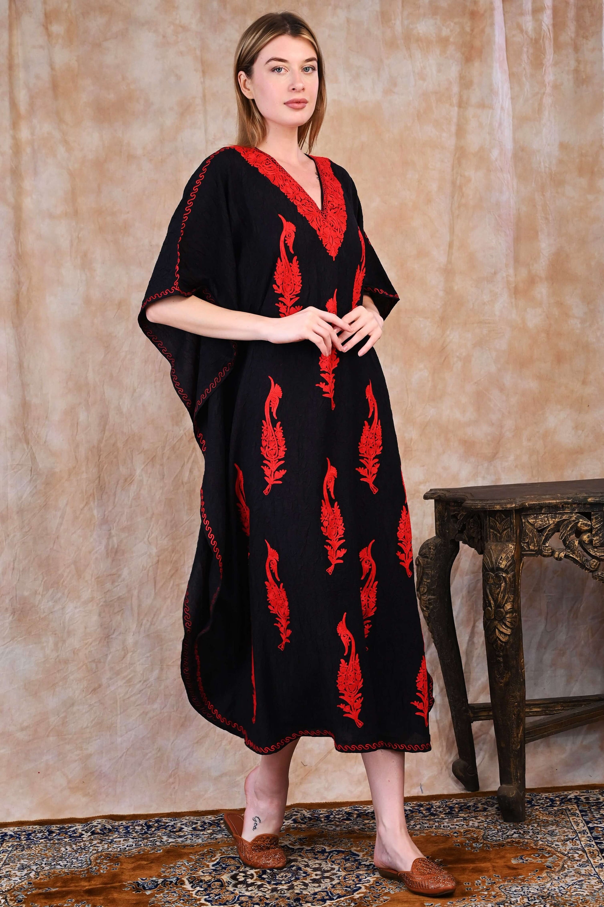 Kashmiri Crush Cotton Kaftan – Black with Fiery Red Aari Embroidery