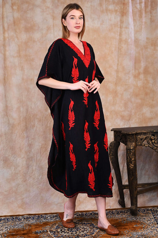 Kashmiri Crush Cotton Kaftan – Black with Fiery Red Aari Embroidery