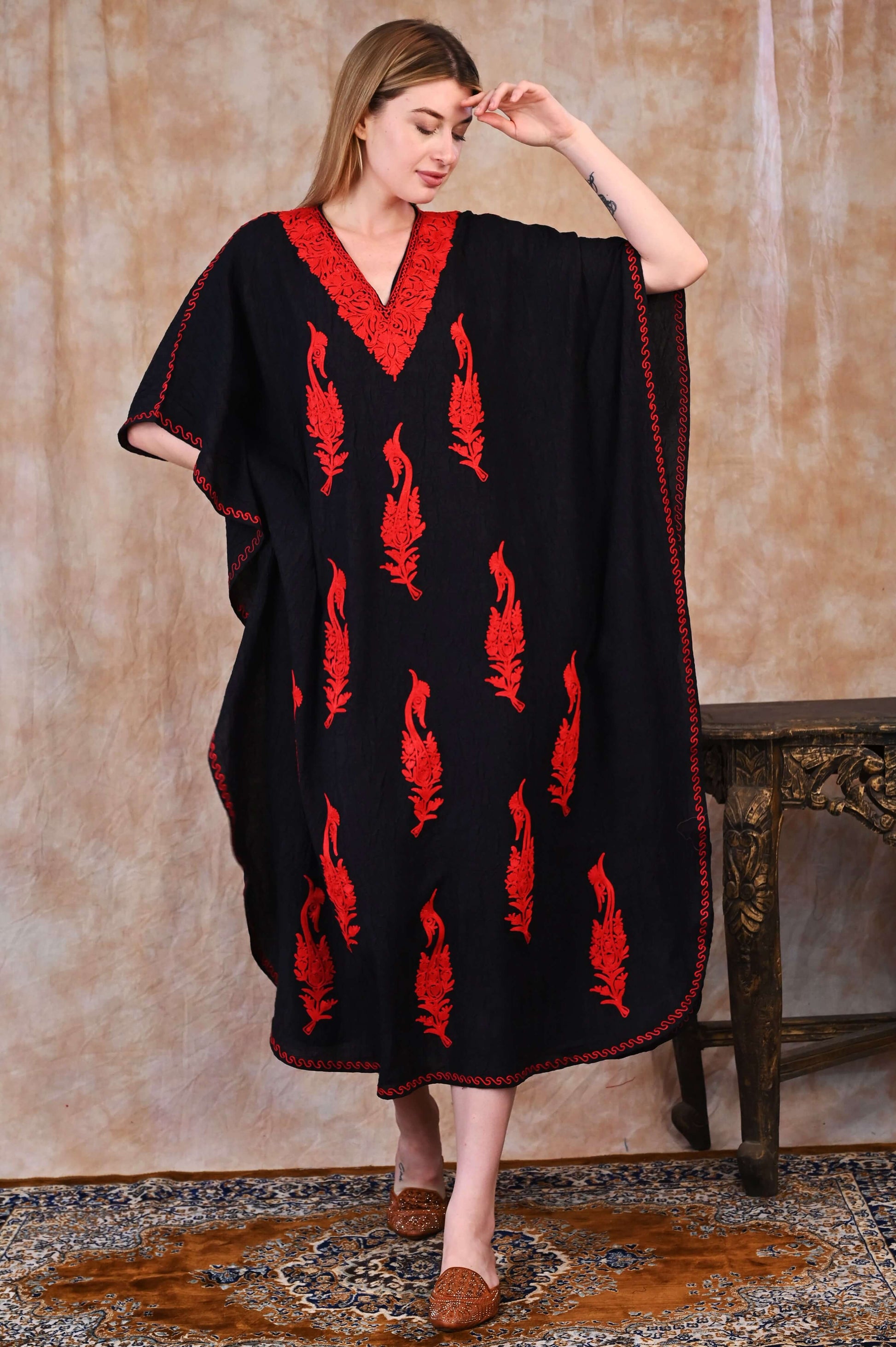 Kashmiri Crush Cotton Kaftan – Black with Fiery Red Aari Embroidery