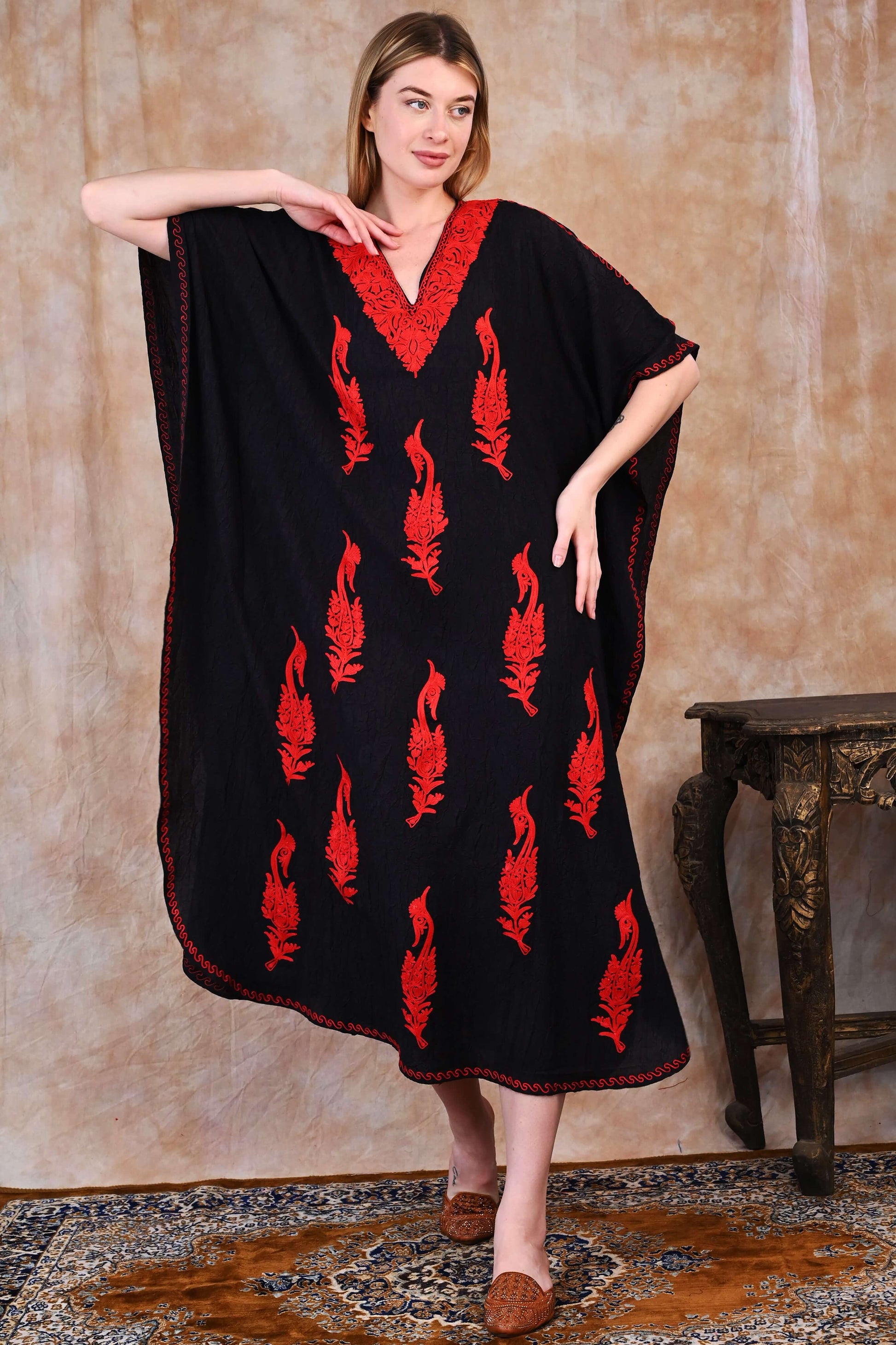 Kashmiri Crush Cotton Kaftan – Black with Fiery Red Aari Embroidery