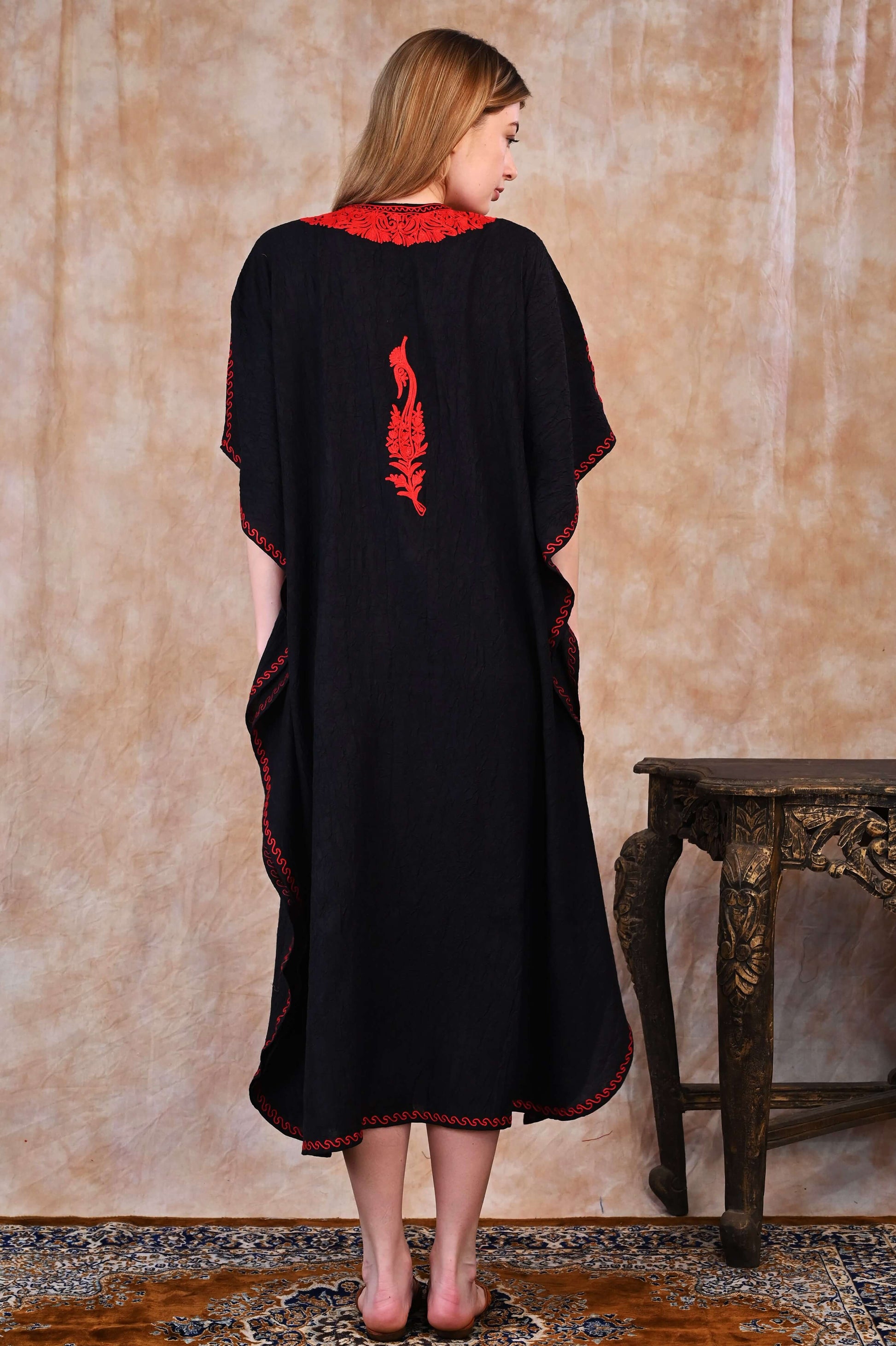 Kashmiri Crush Cotton Kaftan – Black with Fiery Red Aari Embroidery