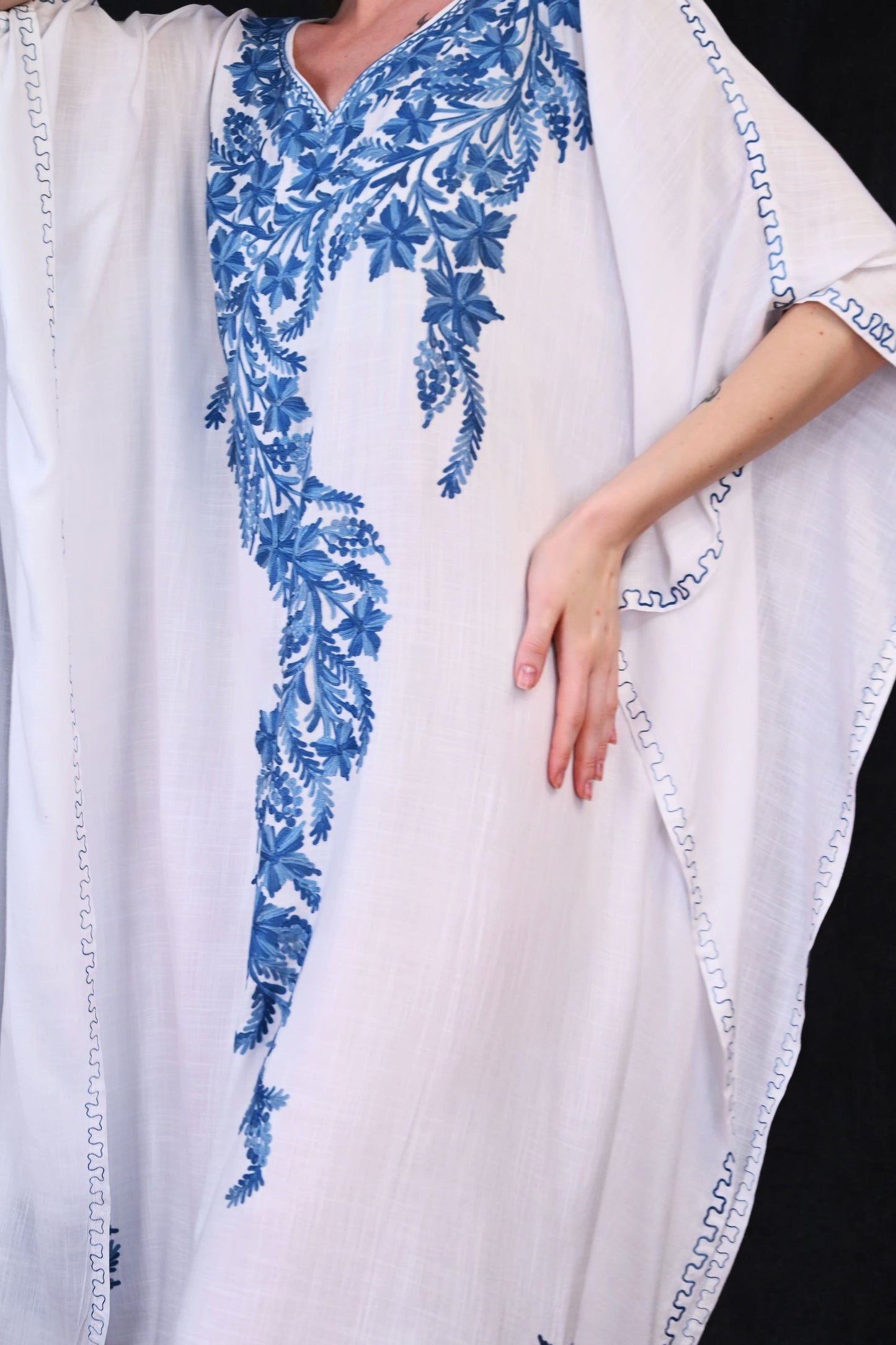 White Kashmiri Rayon Kaftan with Majestic Blue Vine Embroidery