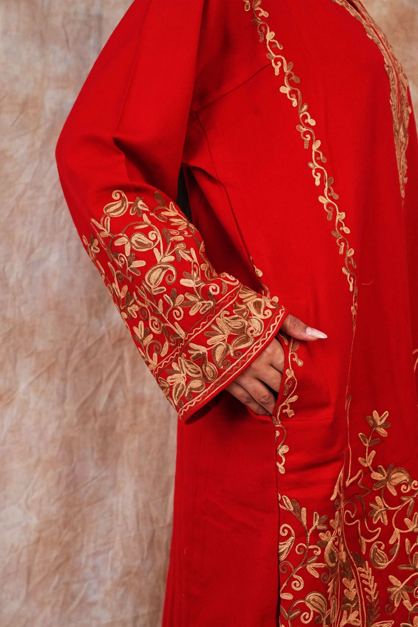 Kashmiri Woolen Phiran – Crimson Red with Golden Mustard Embroidery