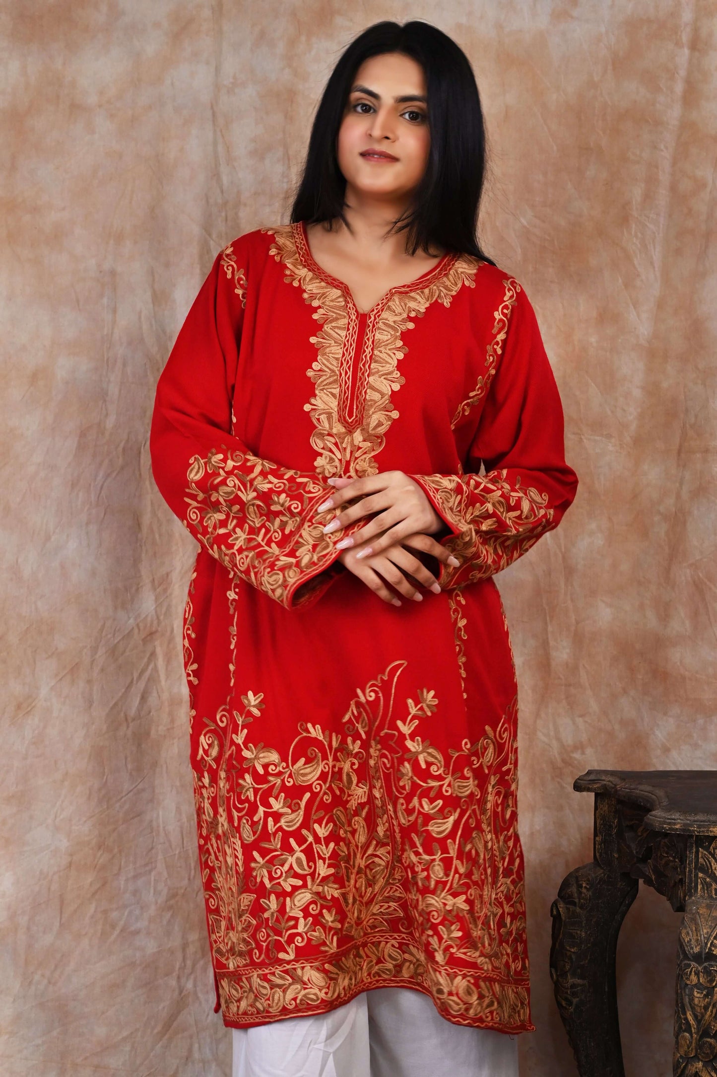 Kashmiri Woolen Phiran – Crimson Red with Golden Mustard Embroidery