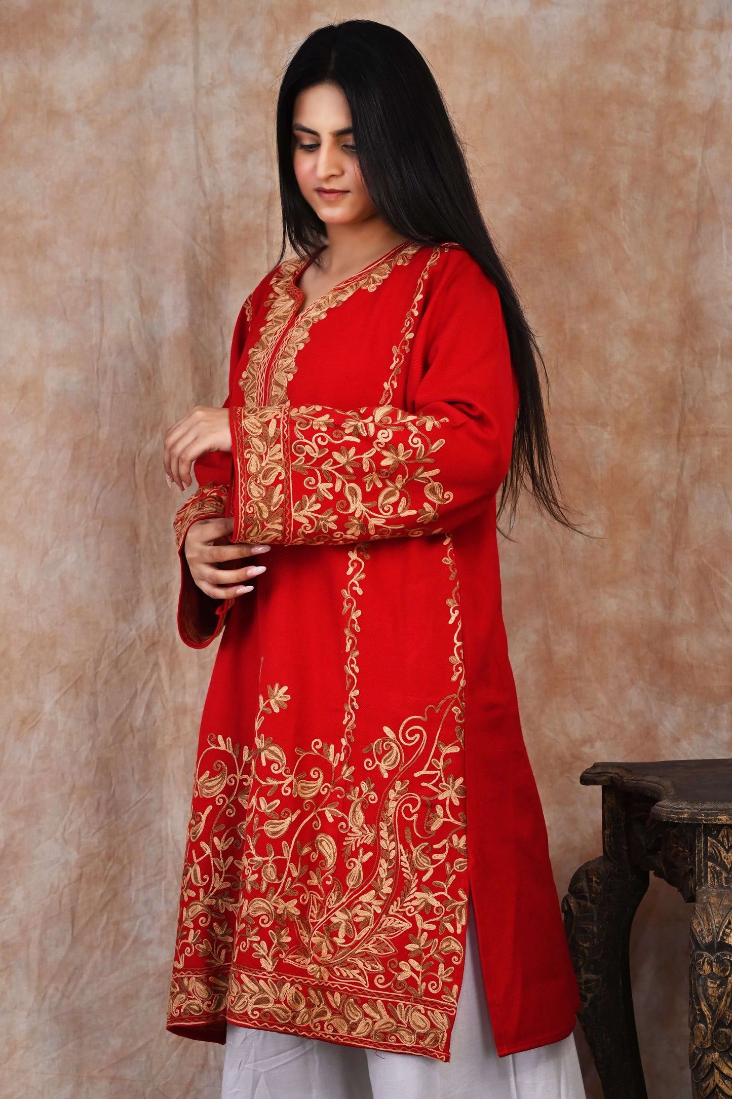 Kashmiri Woolen Phiran – Crimson Red with Golden Mustard Embroidery