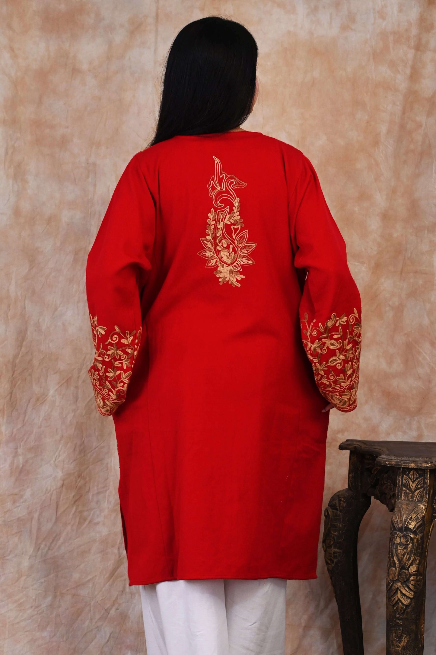 Kashmiri Woolen Phiran – Crimson Red with Golden Mustard Embroidery