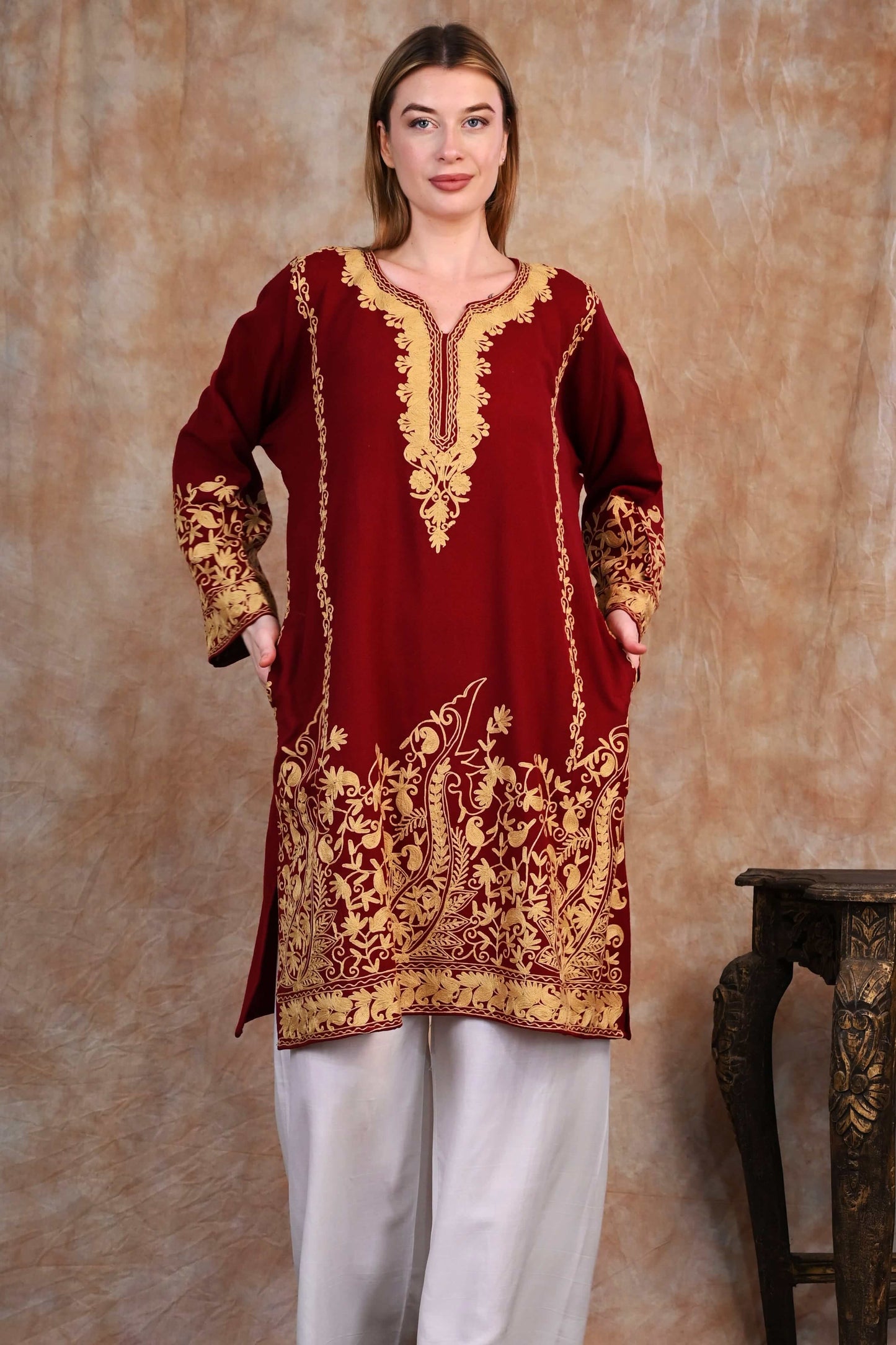 Kashmiri Woolen Phiran – Royal Maroon with Mustard Tilla Embroidery