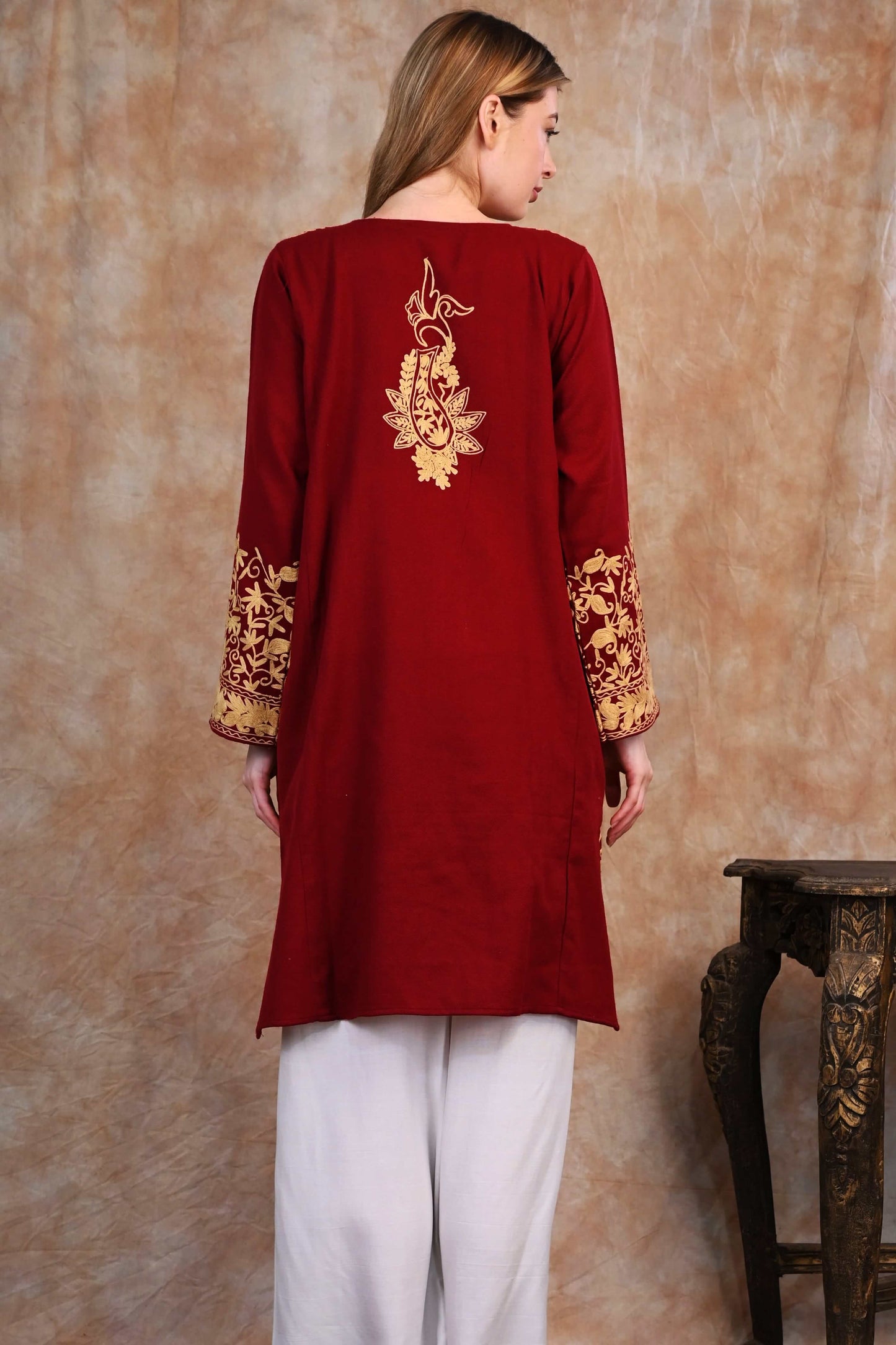 Kashmiri Woolen Phiran – Royal Maroon with Mustard Tilla Embroidery