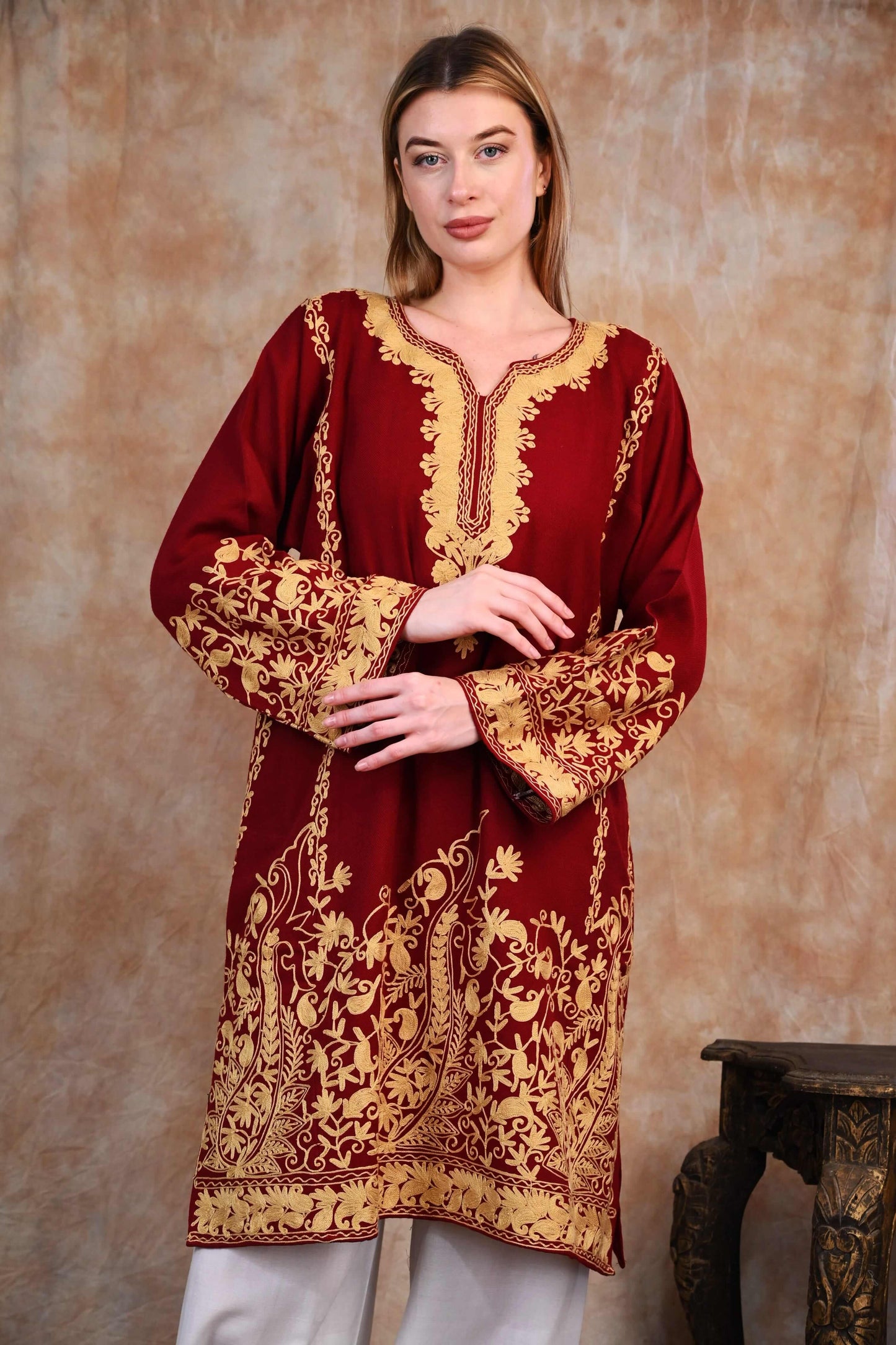 Kashmiri Woolen Phiran – Royal Maroon with Mustard Tilla Embroidery