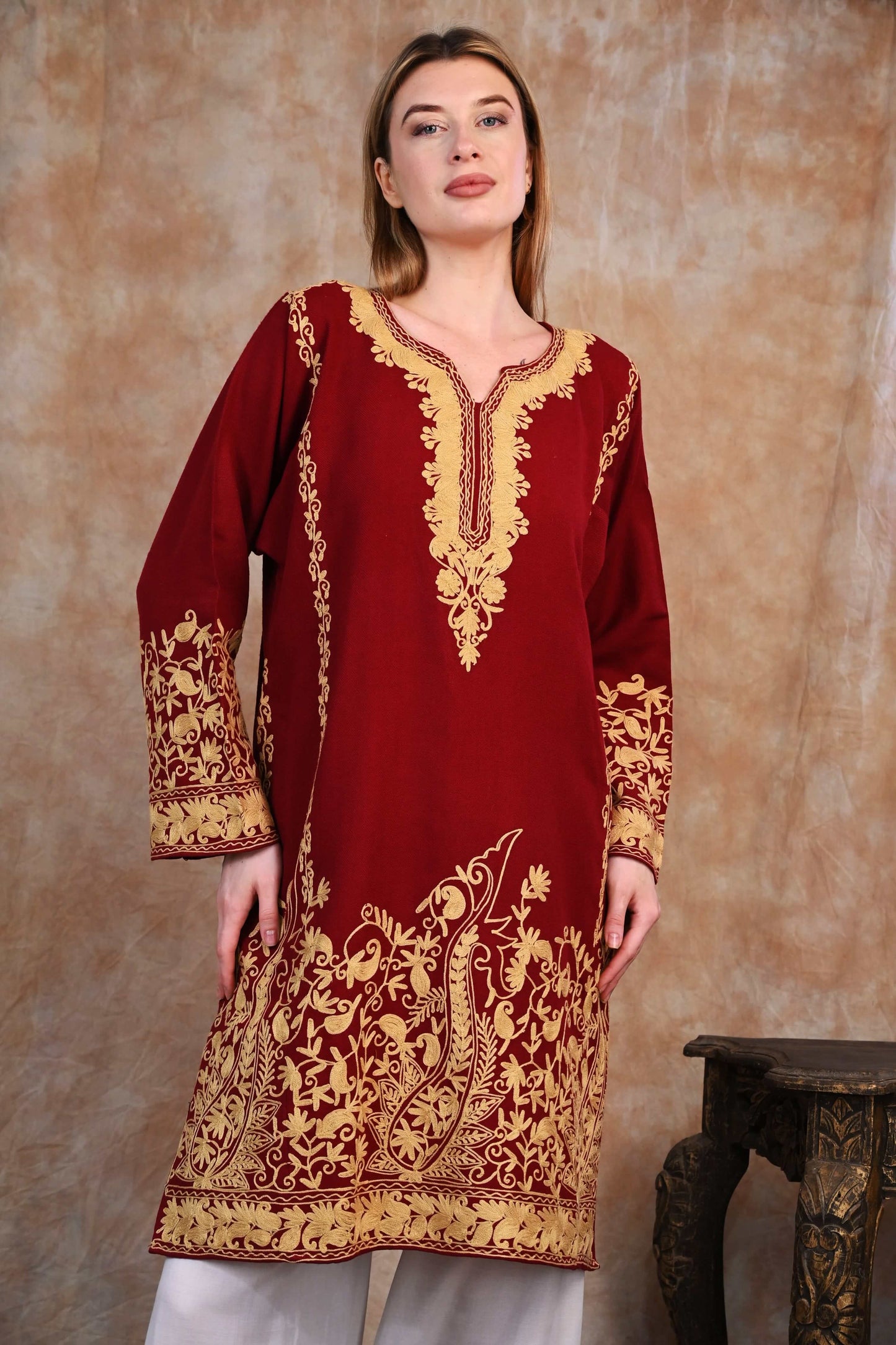 Kashmiri Woolen Phiran – Royal Maroon with Mustard Tilla Embroidery
