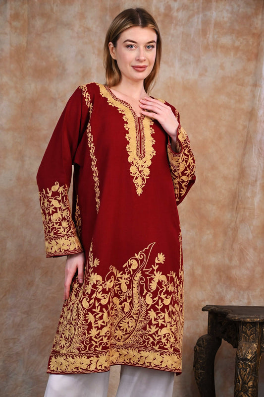 Kashmiri Woolen Phiran – Royal Maroon with Mustard Tilla Embroidery