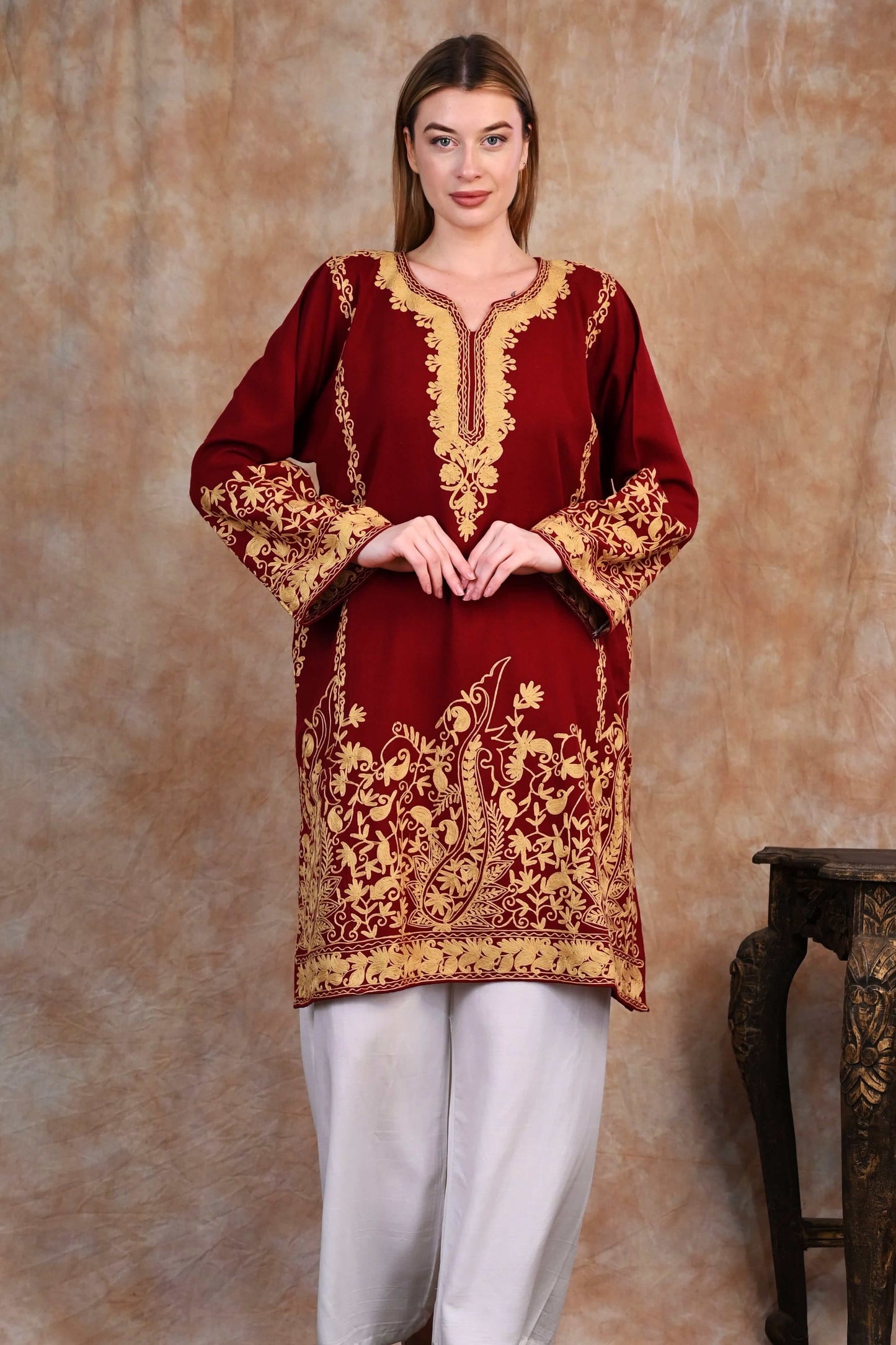 Kashmiri Woolen Phiran – Royal Maroon with Mustard Tilla Embroidery
