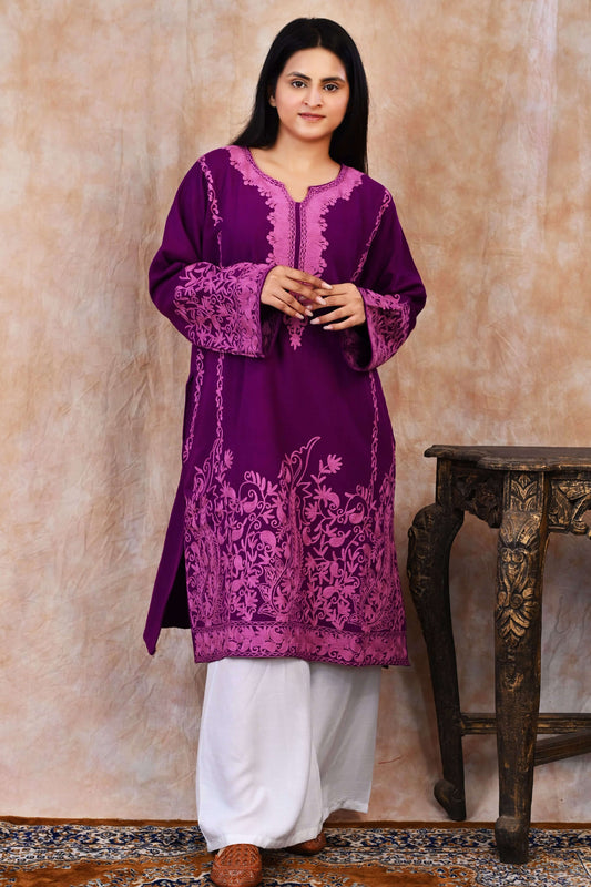 Kashmiri Woolen Phiran – Royal Purple with Rose Pink Embroidery