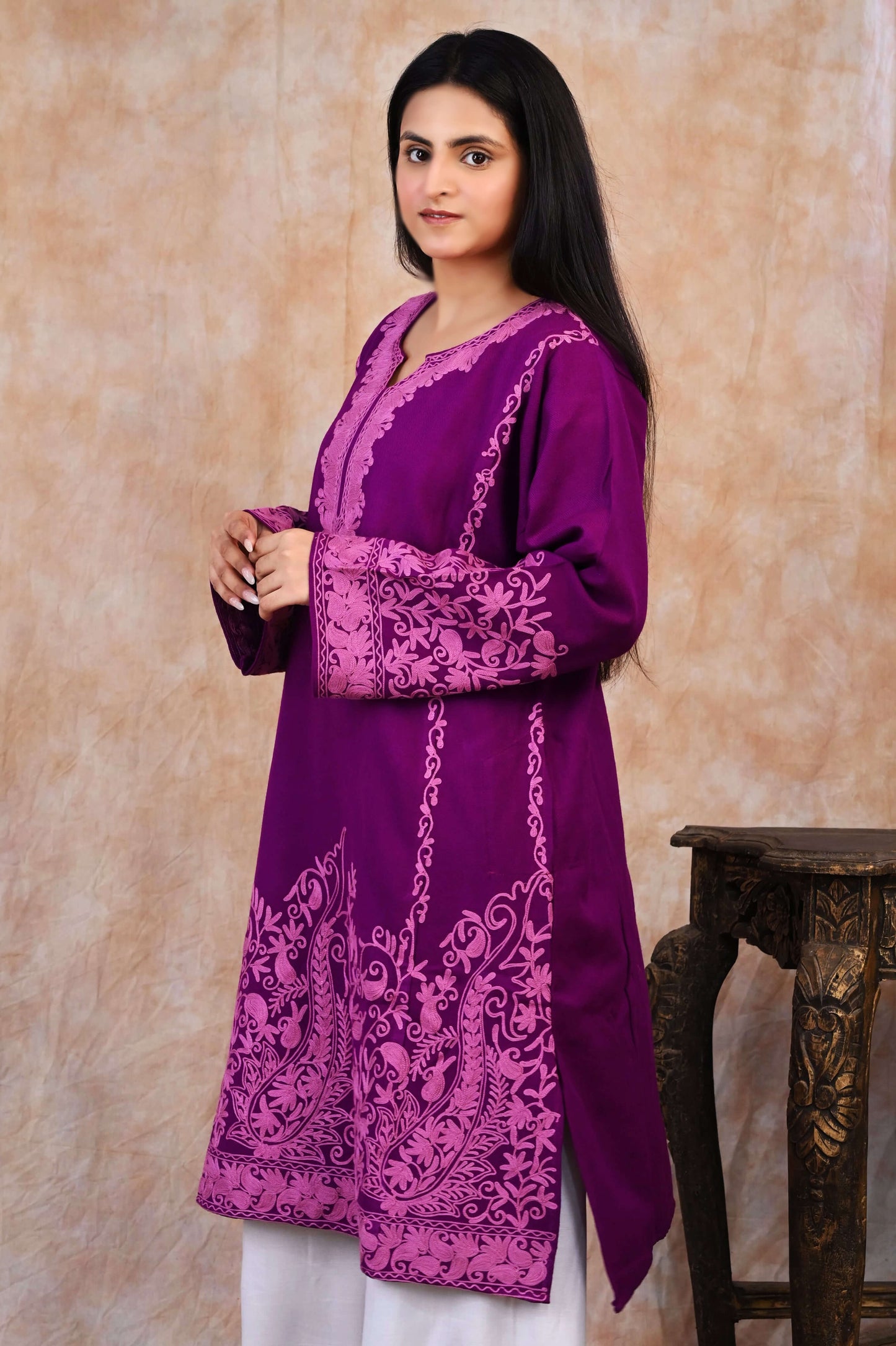 Kashmiri Woolen Phiran – Royal Purple with Rose Pink Embroidery