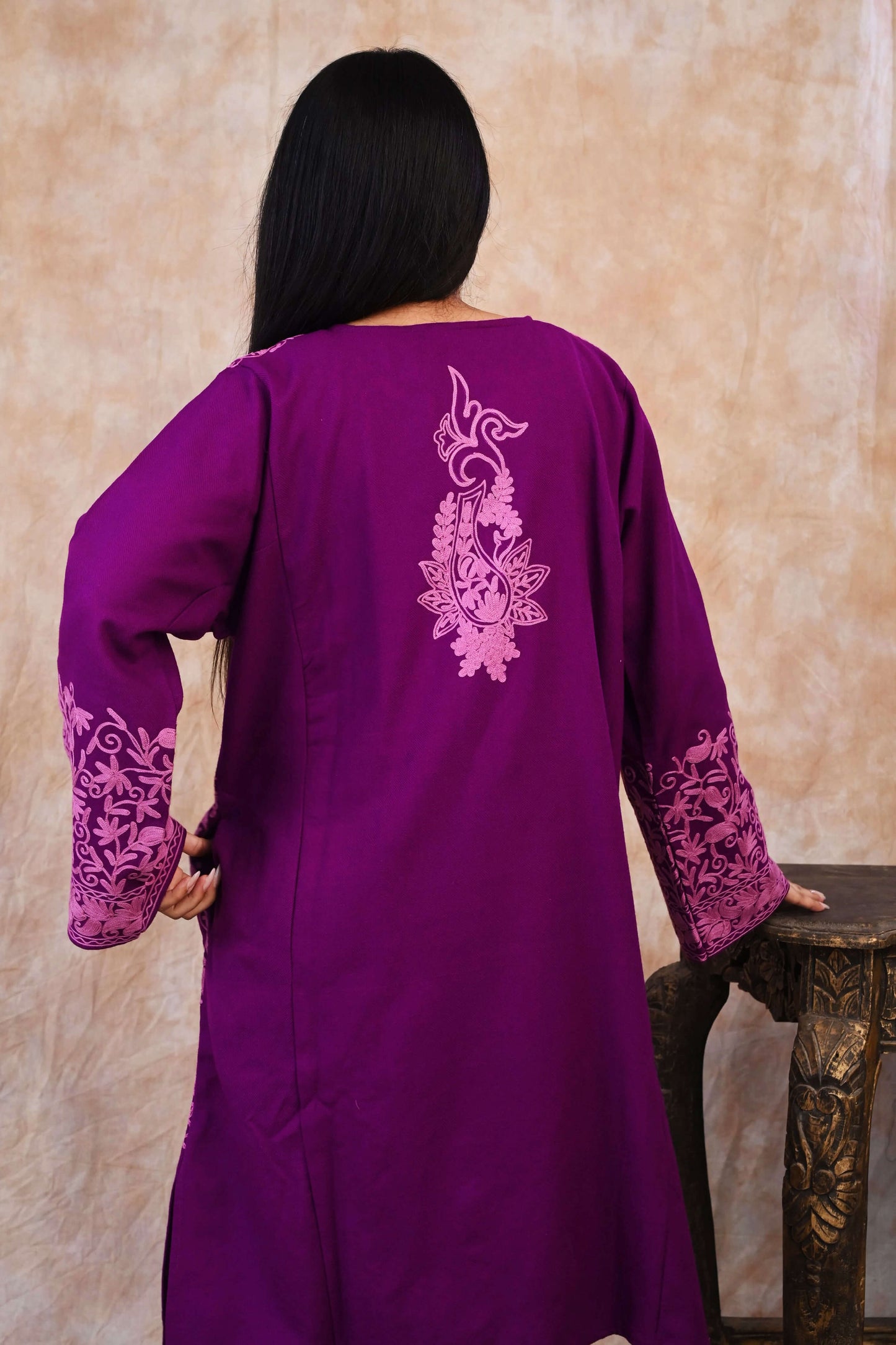 Kashmiri Woolen Phiran – Royal Purple with Rose Pink Embroidery