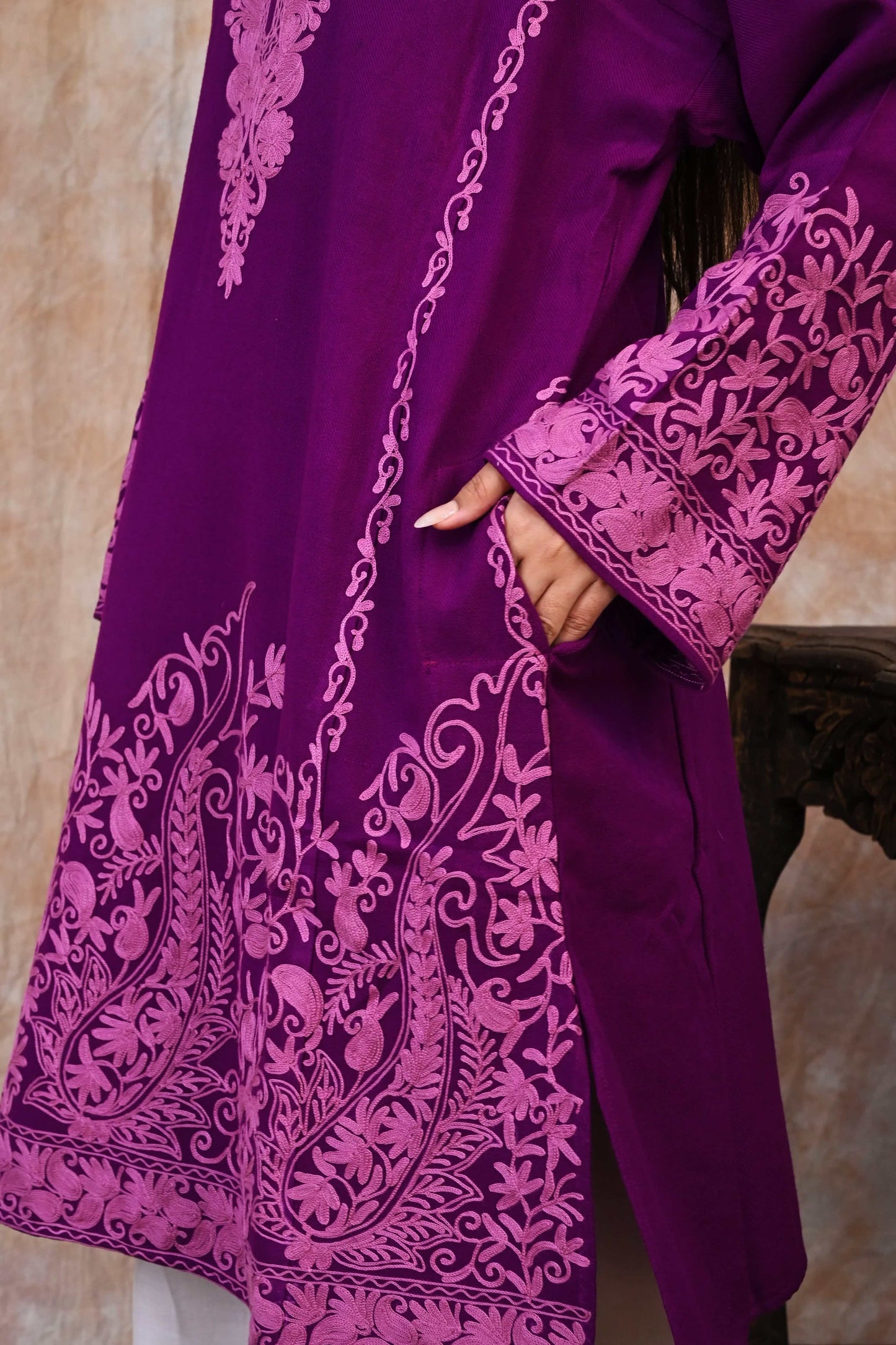 Kashmiri Woolen Phiran – Royal Purple with Rose Pink Embroidery