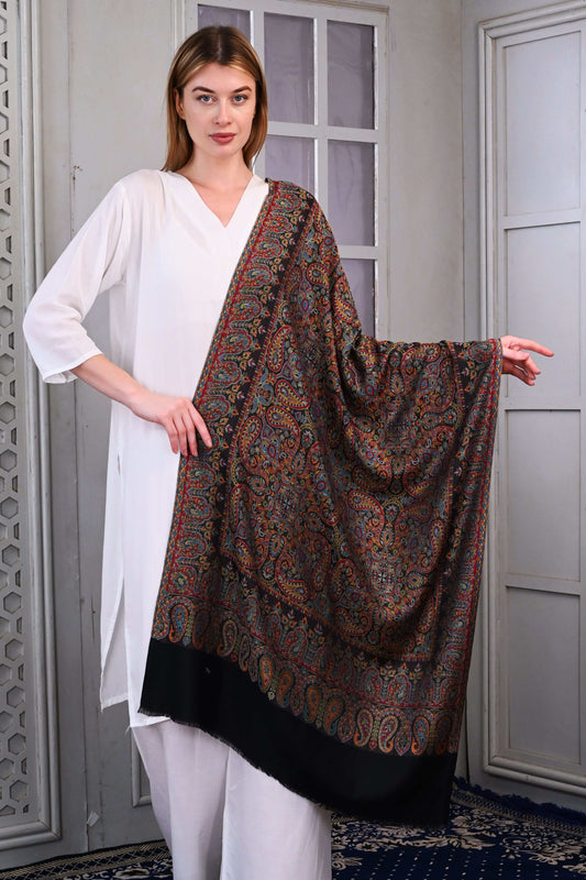 Elegant Modal Jamawar Stole – Midnight Black with Multicolor Paisley Weave