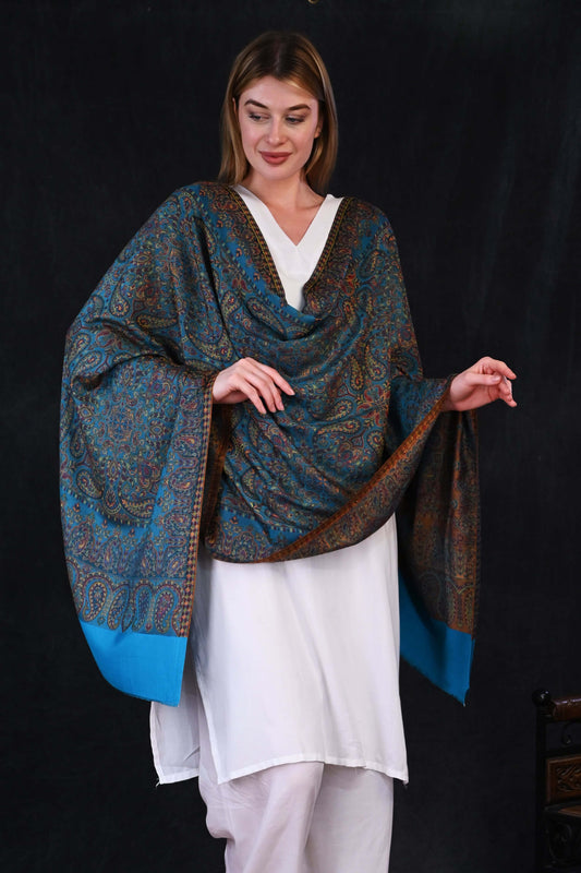 Teal Mirage – Modal Jamawar Stole with Regal Paisley Border