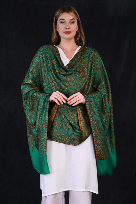 Emerald Elegance – Modal Jamawar Stole with Classic Paisley Weave
