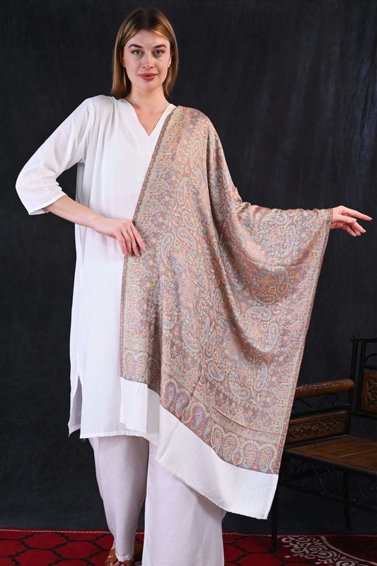 Ivory Grace – Modal Jamawar Stole with Pastel Paisley Borders
