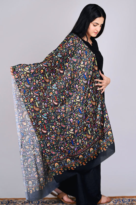 Modal Kalamkari Stole – Black Base with Rich Multicolor Floral Embroidery