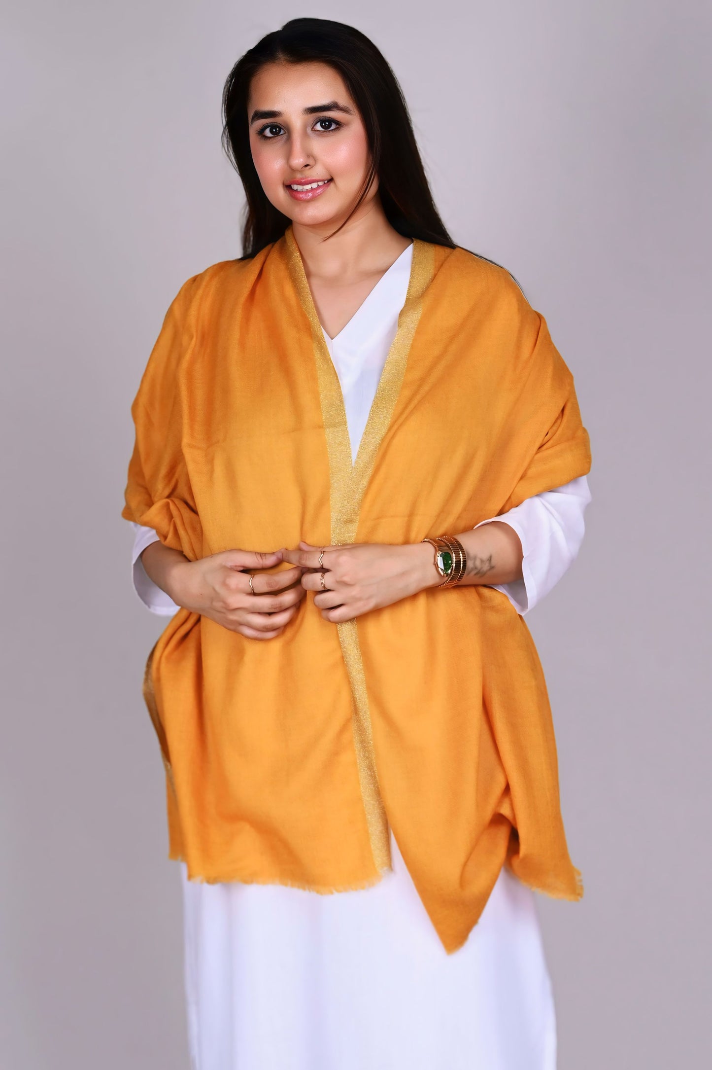 Mustard Gold Fine Wool Stole with Dual-Side Zari Border