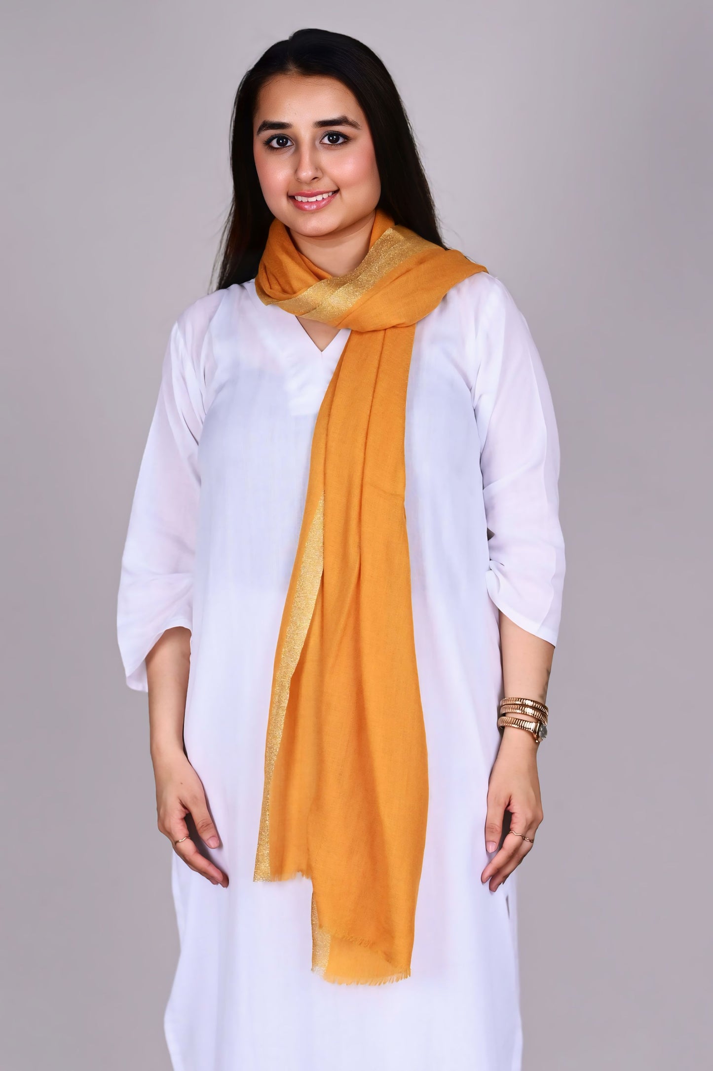 Mustard Gold Fine Wool Stole with Dual-Side Zari Border