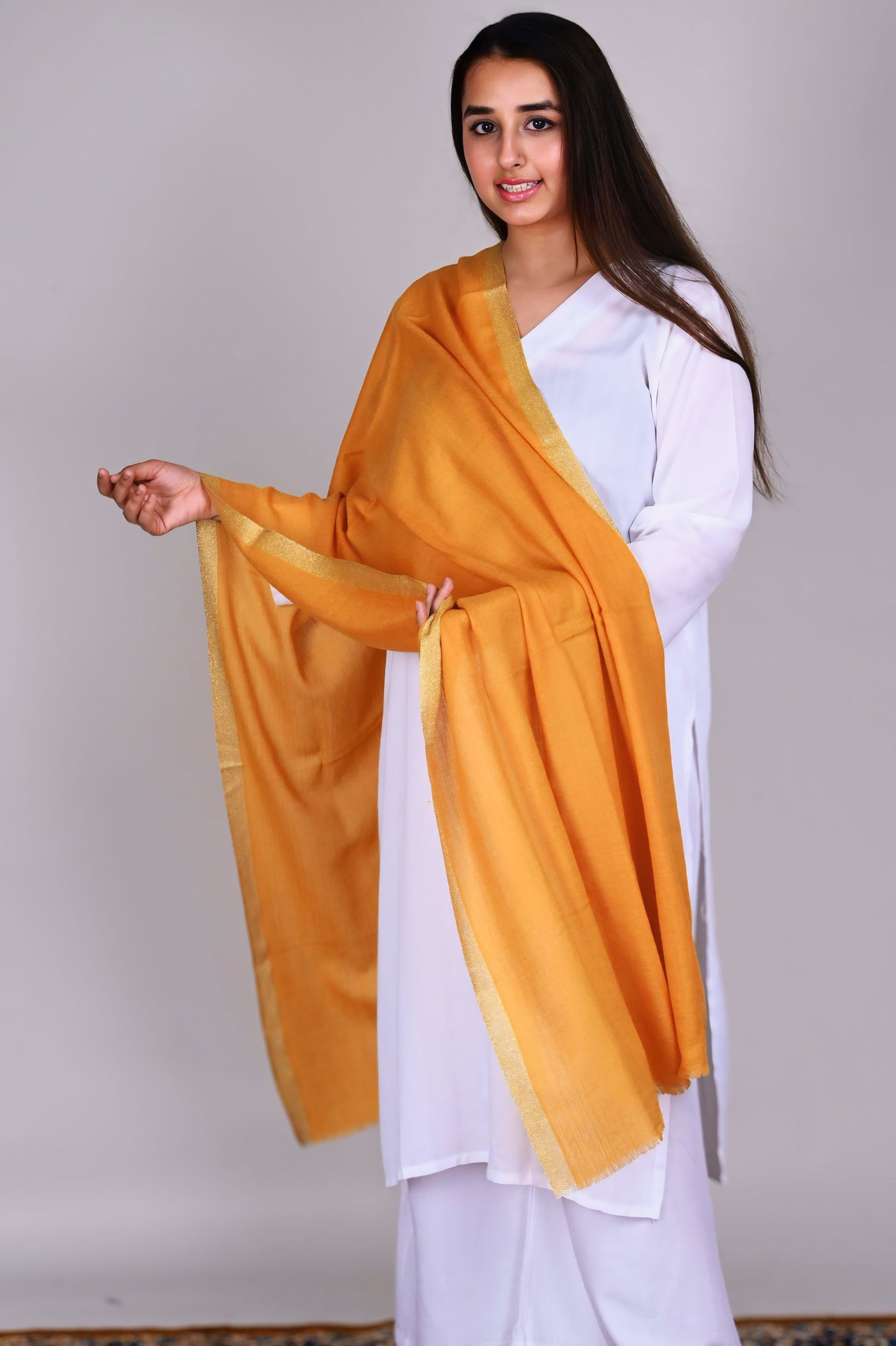 Mustard Gold Fine Wool Stole with Dual-Side Zari Border