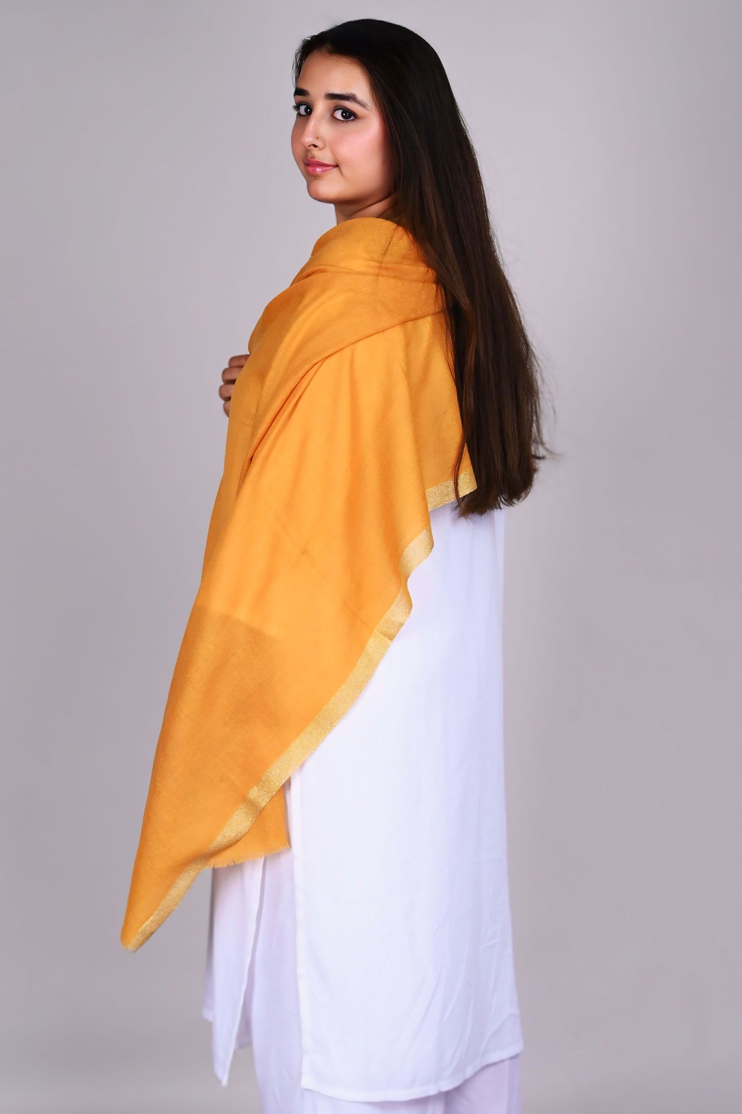 Mustard Gold Fine Wool Stole with Dual-Side Zari Border