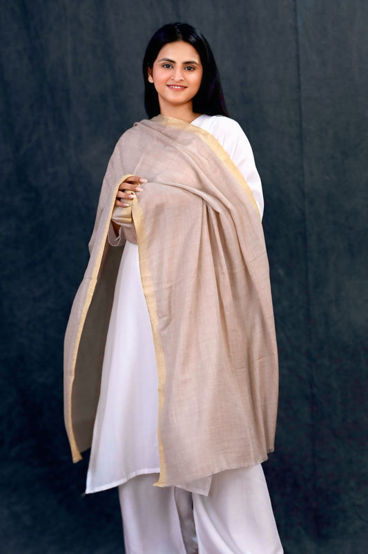 Natural Beige Fine Wool Stole with Golden Zari Border