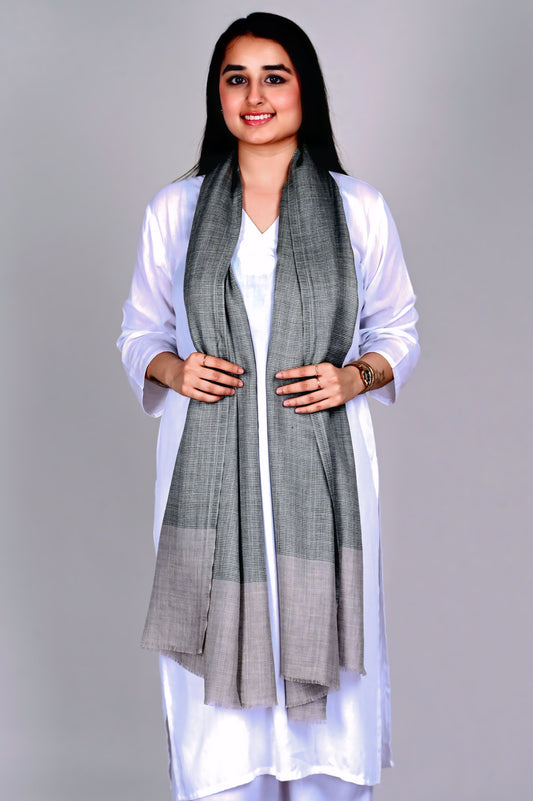 Olive Grey Fine Wool Stole with Natural Border