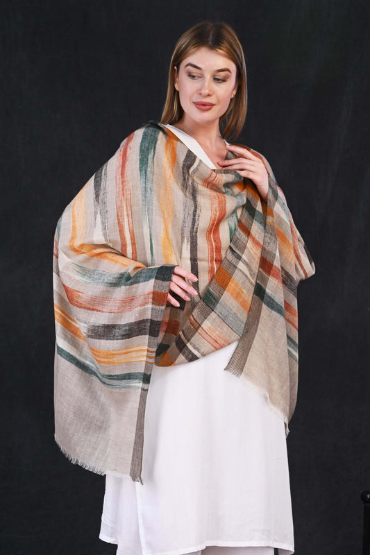 Pashmina Designer Hand-Made Stole – Earth-Tone Stripes on Natural Weave