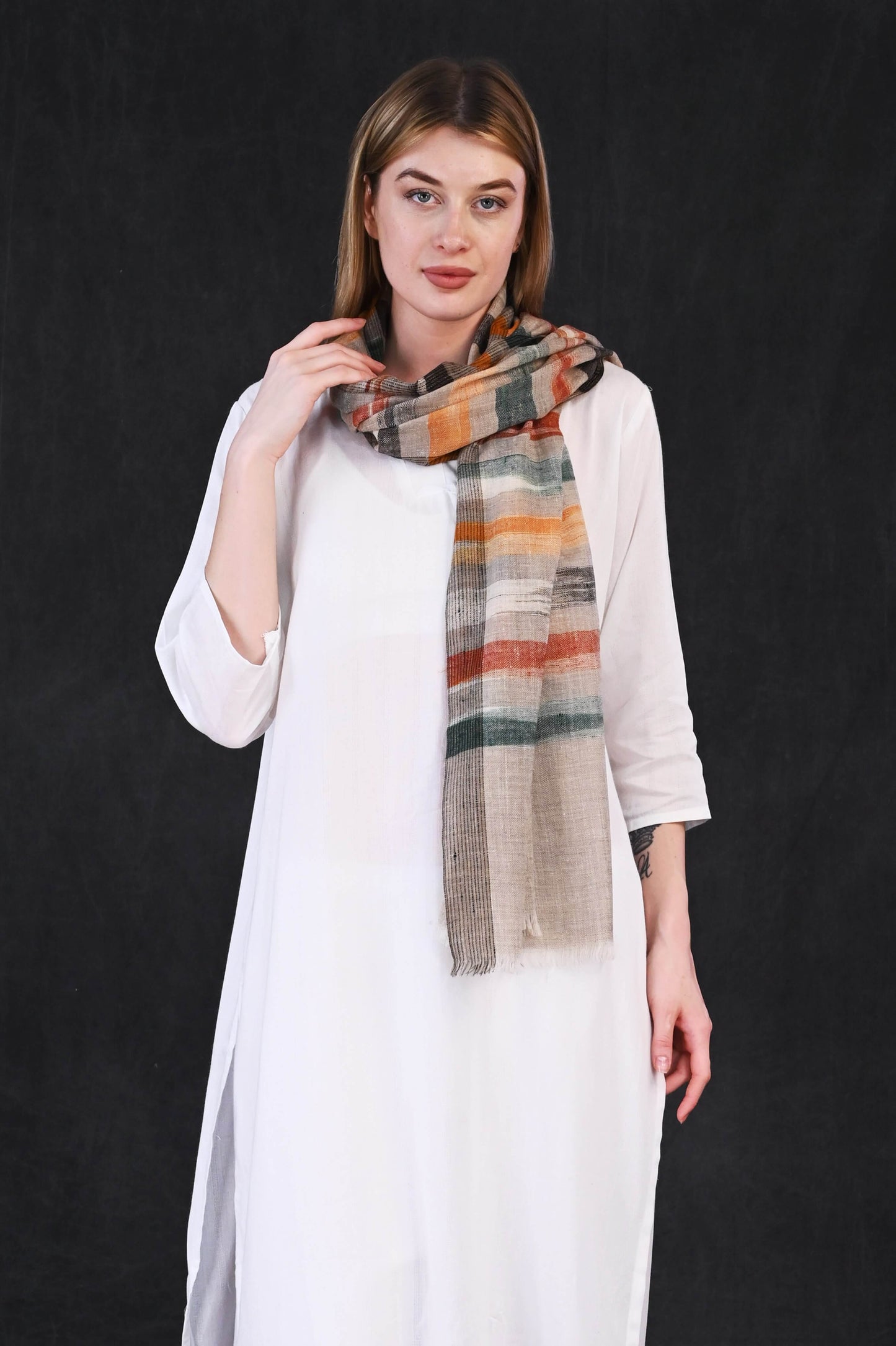 Pashmina Designer Hand-Made Stole – Earth-Tone Stripes on Natural Weave