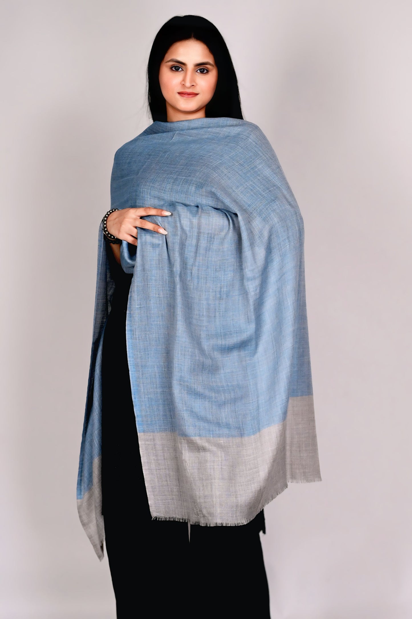 Teal and Natural Grey Fine Wool Stole with Subtle Woven Texture