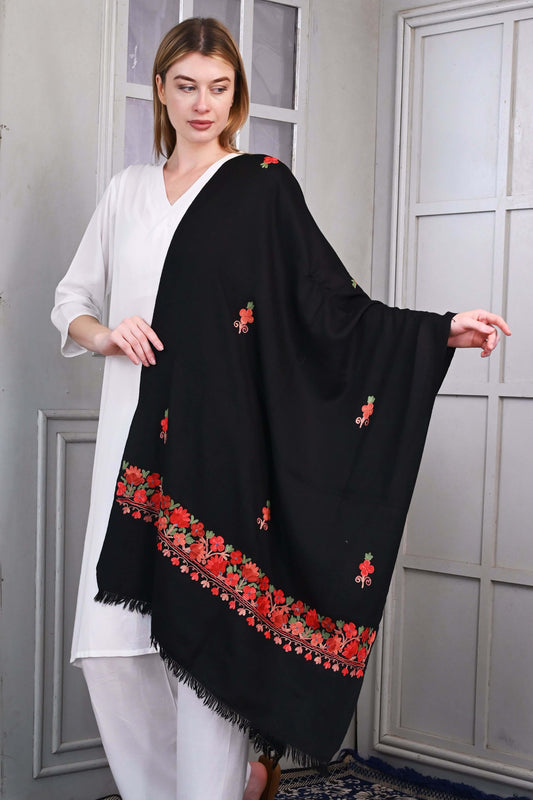 Woolen Aari Pala Stole – Black with Multicolor Floral Embroidery