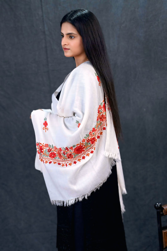 Woolen Aari Pala Stole – Ivory with Multicolor Floral Aari Embroidery