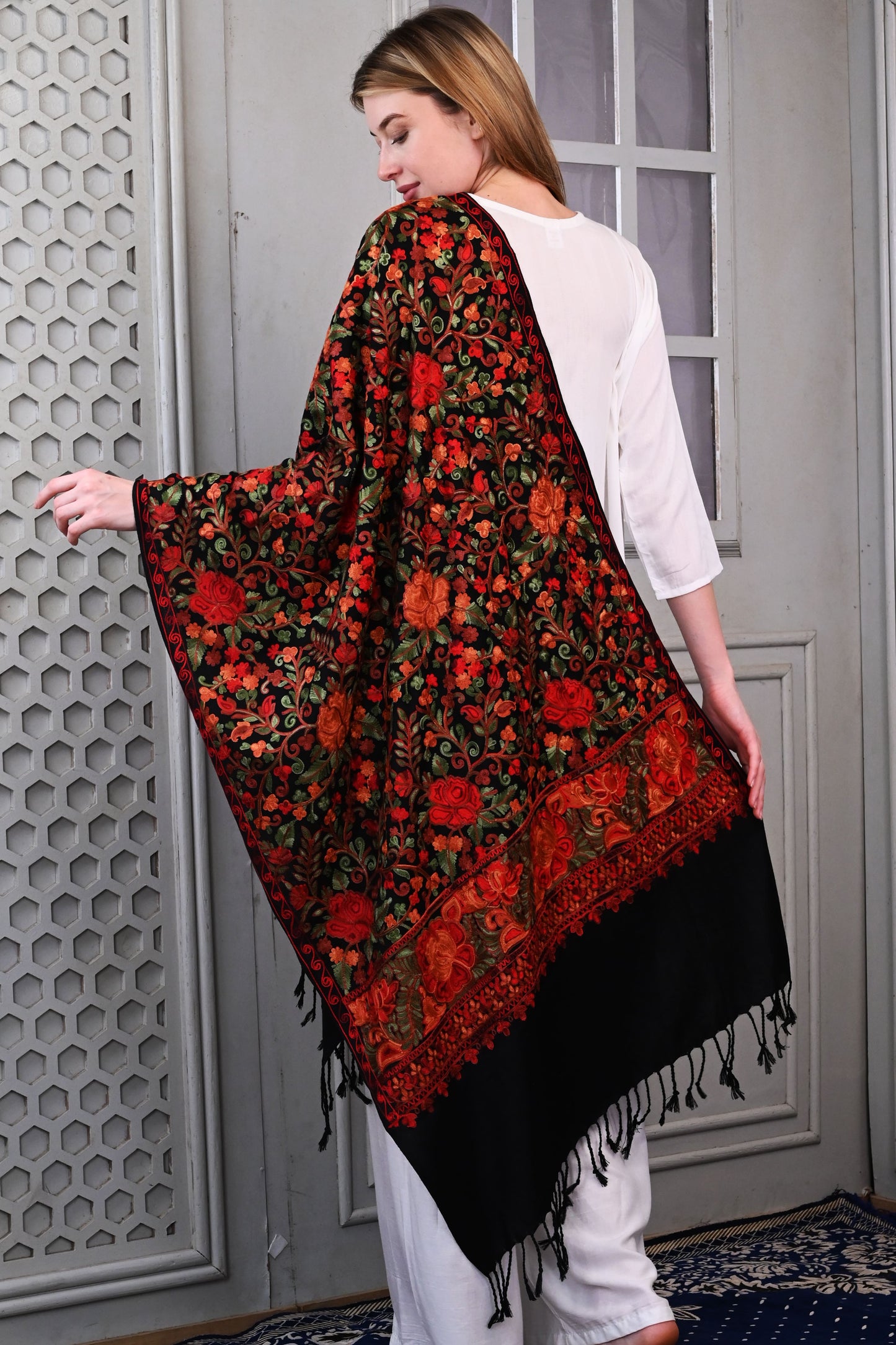 Aari Jama Embroidered Wool Stole – Classic Black with Regal Multicolor Floral Work