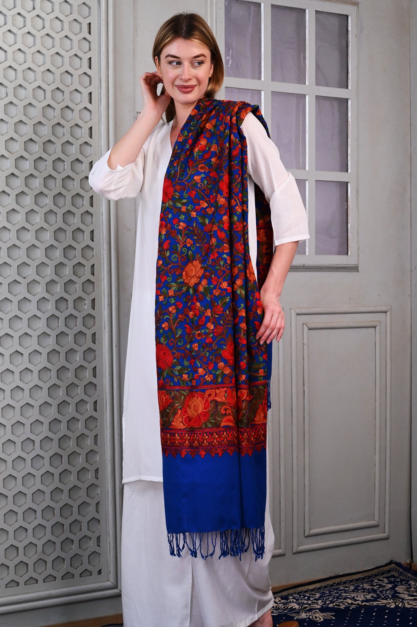Aari Jama Embroidered Stole – Royal Blue Elegance with Rich Multicolor Florals