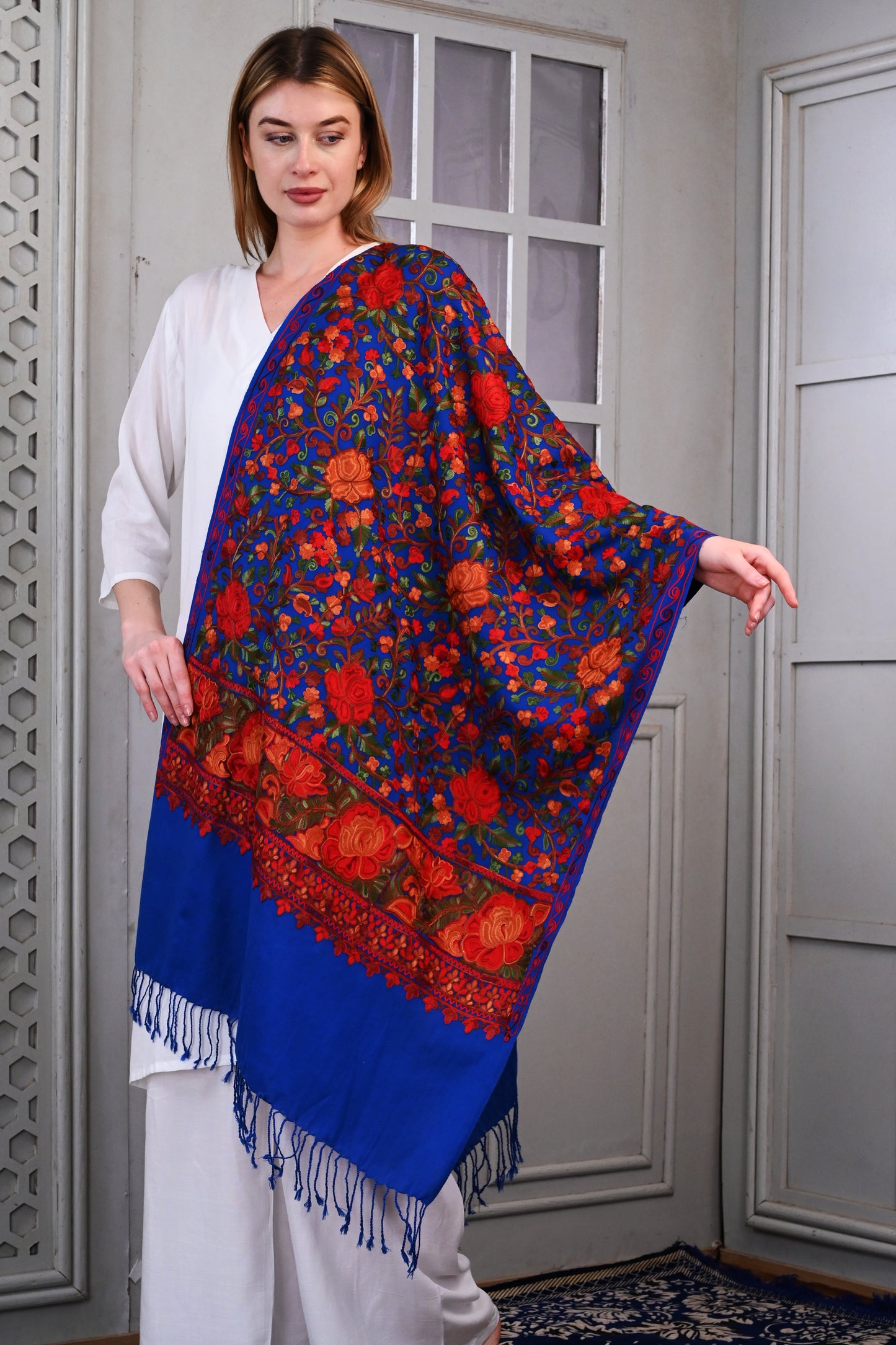 Aari Jama Embroidered Stole – Royal Blue Elegance with Rich Multicolor Florals