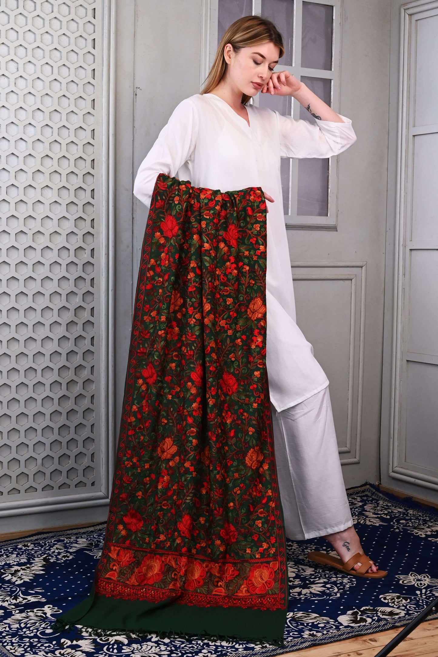 Aari Jama Embroidered Stole – Deep Forest Green with Vibrant Kashmiri Florals