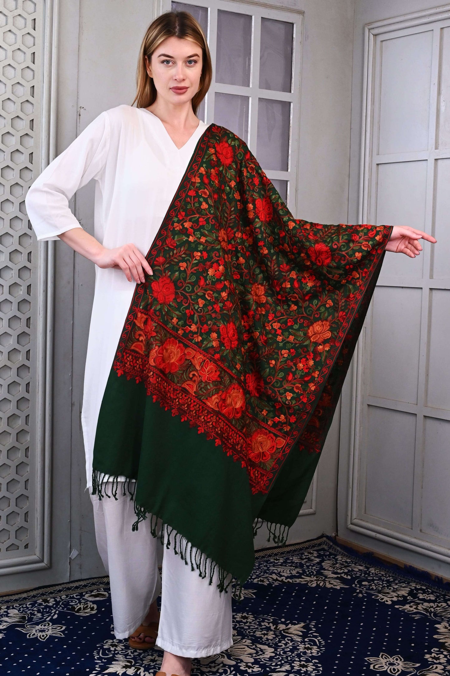 Aari Jama Embroidered Stole – Deep Forest Green with Vibrant Kashmiri Florals