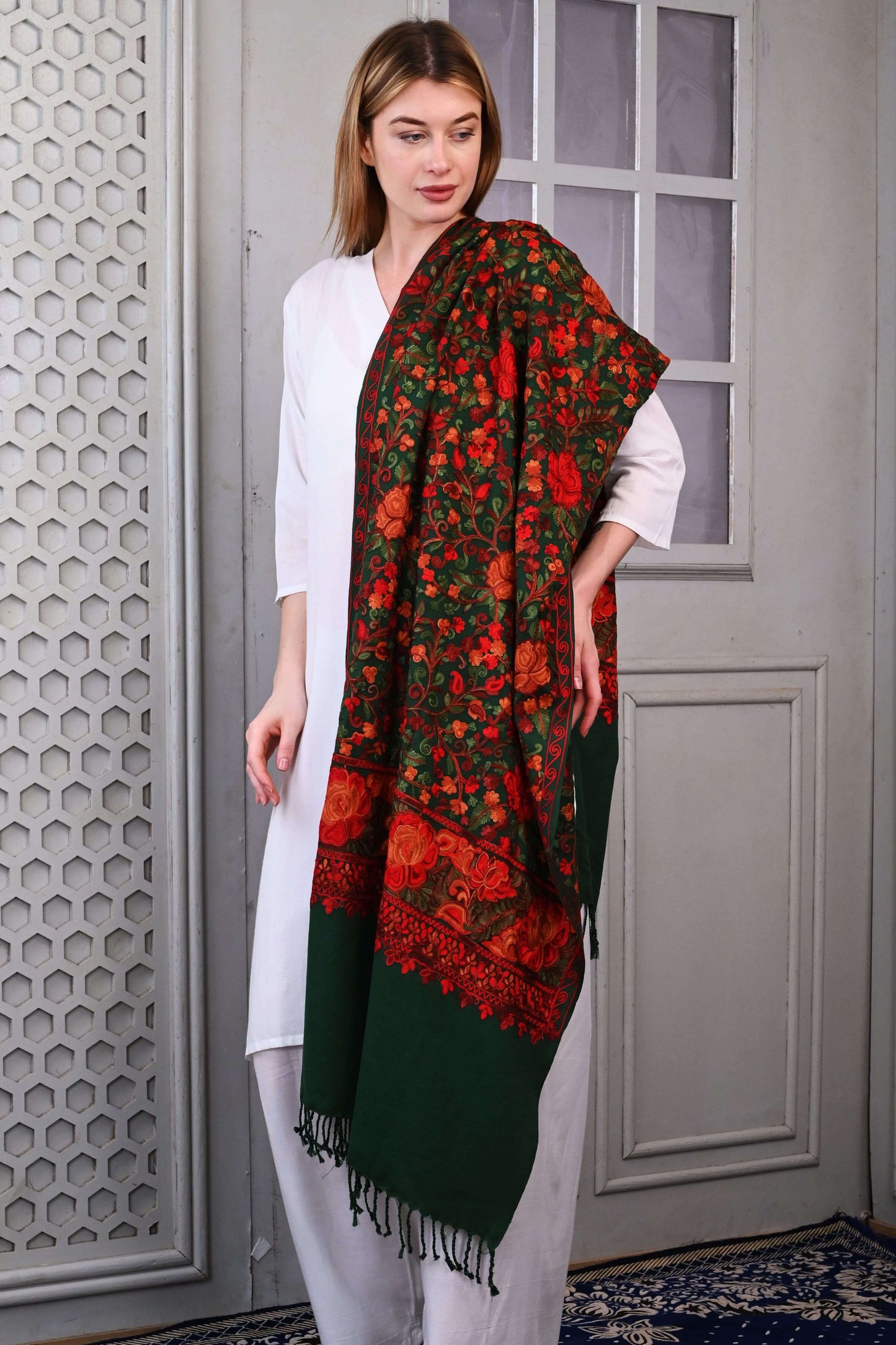 Aari Jama Embroidered Stole – Deep Forest Green with Vibrant Kashmiri Florals