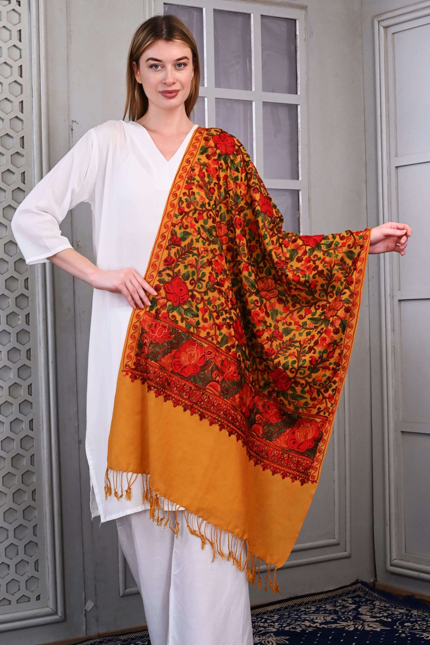 Aari Jama Embroidered Wool Stole – Mustard Ochre with Traditional Multicolor Floral Motifs