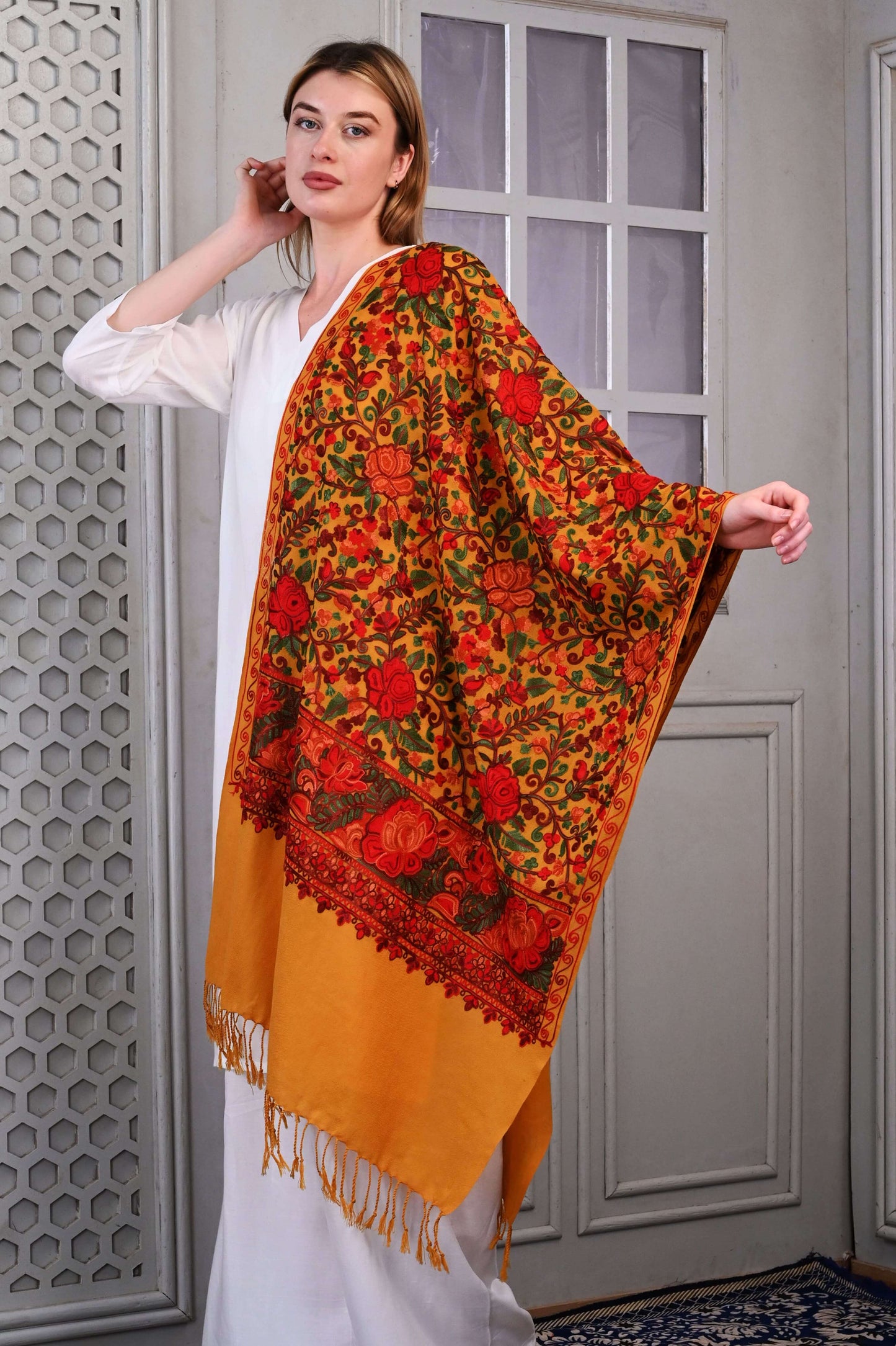 Aari Jama Embroidered Wool Stole – Mustard Ochre with Traditional Multicolor Floral Motifs