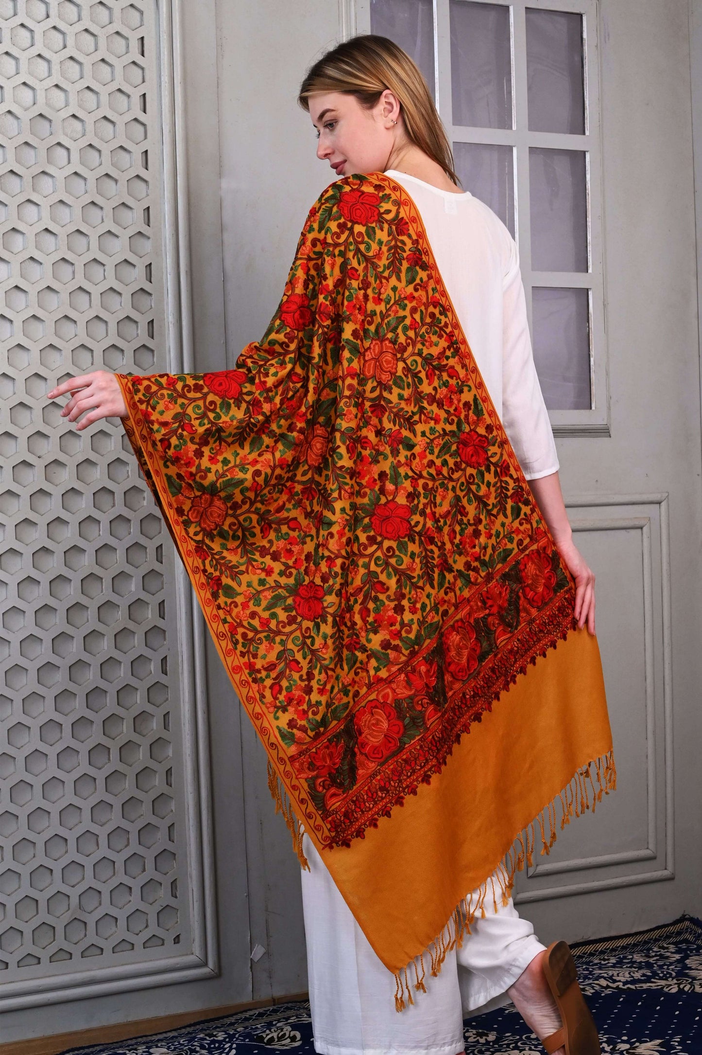 Aari Jama Embroidered Wool Stole – Mustard Ochre with Traditional Multicolor Floral Motifs