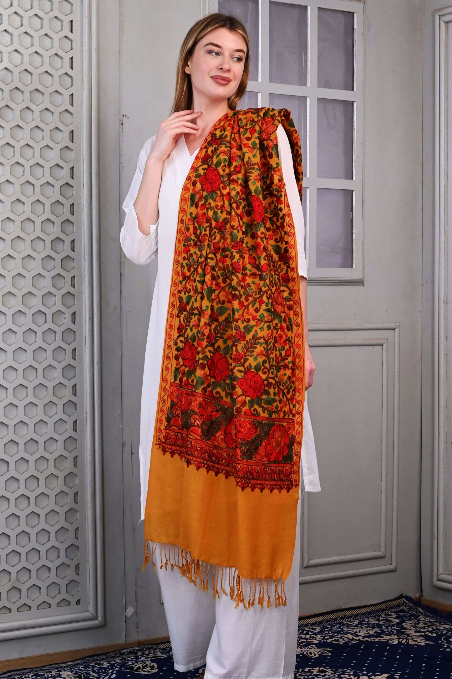 Aari Jama Embroidered Wool Stole – Mustard Ochre with Traditional Multicolor Floral Motifs