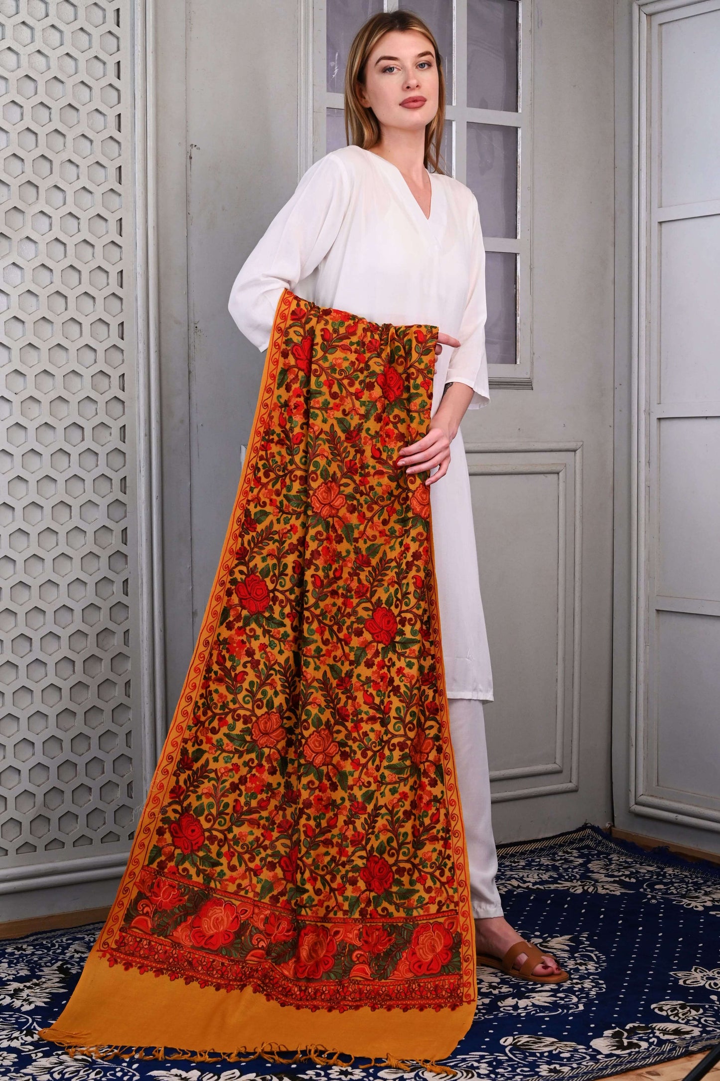 Aari Jama Embroidered Wool Stole – Mustard Ochre with Traditional Multicolor Floral Motifs