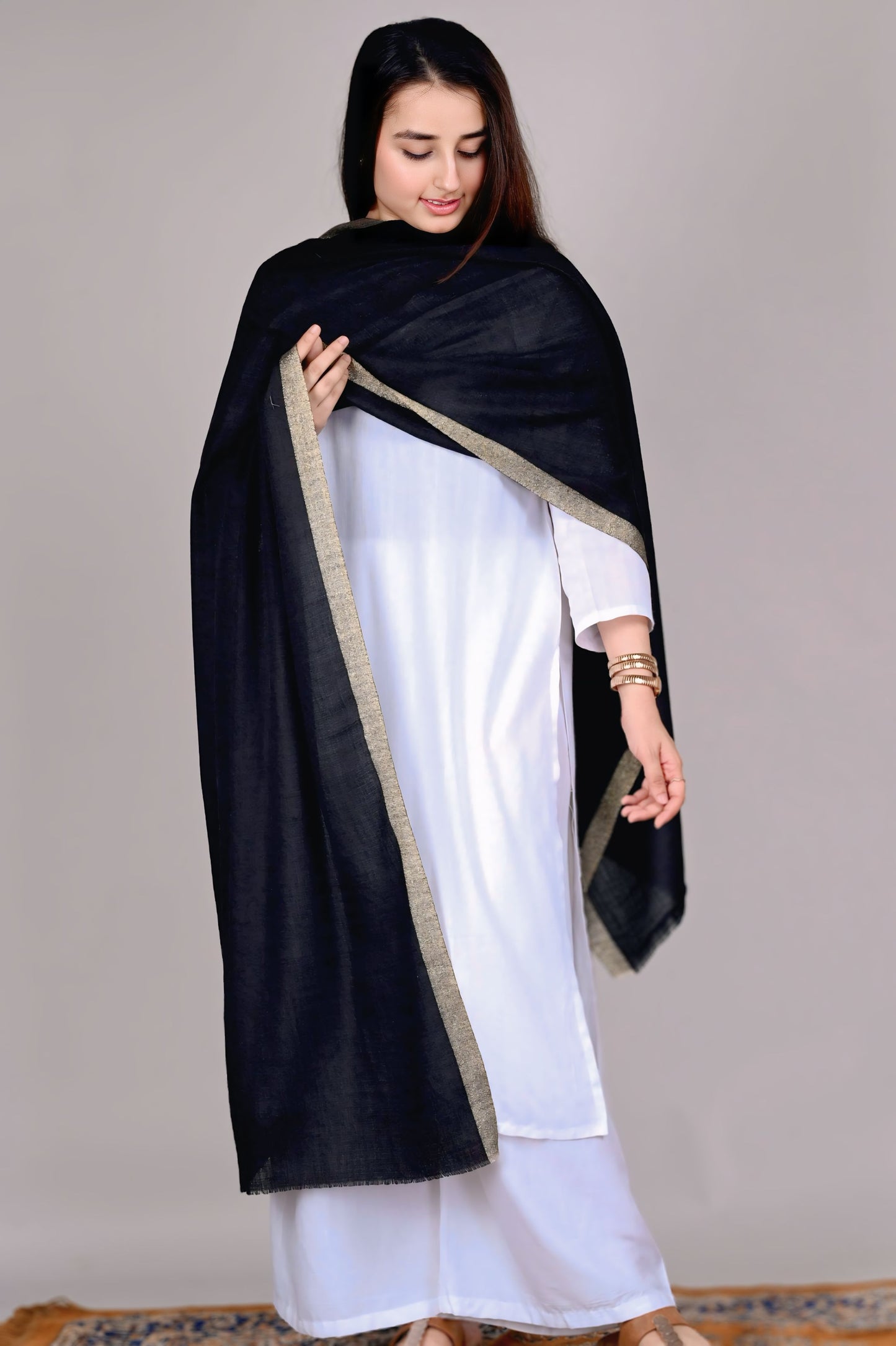 Classic Black Fine Wool Stole with Golden Zari Border