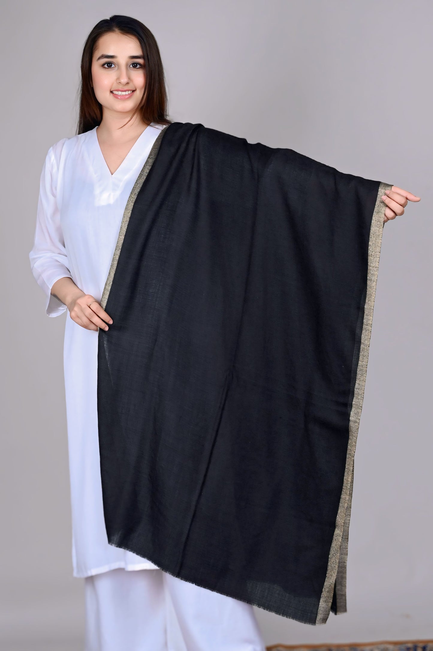 Classic Black Fine Wool Stole with Golden Zari Border