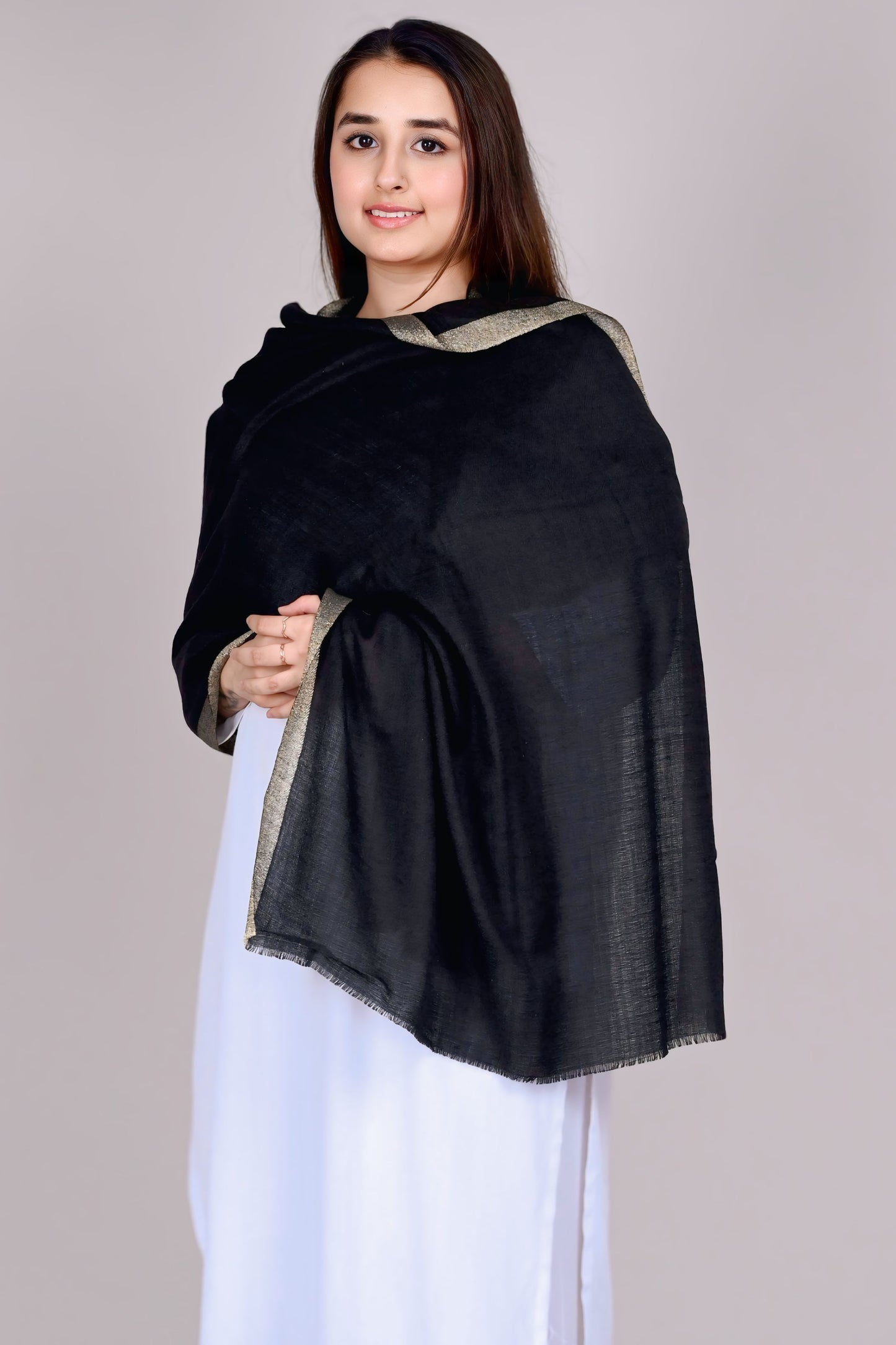 Classic Black Fine Wool Stole with Golden Zari Border